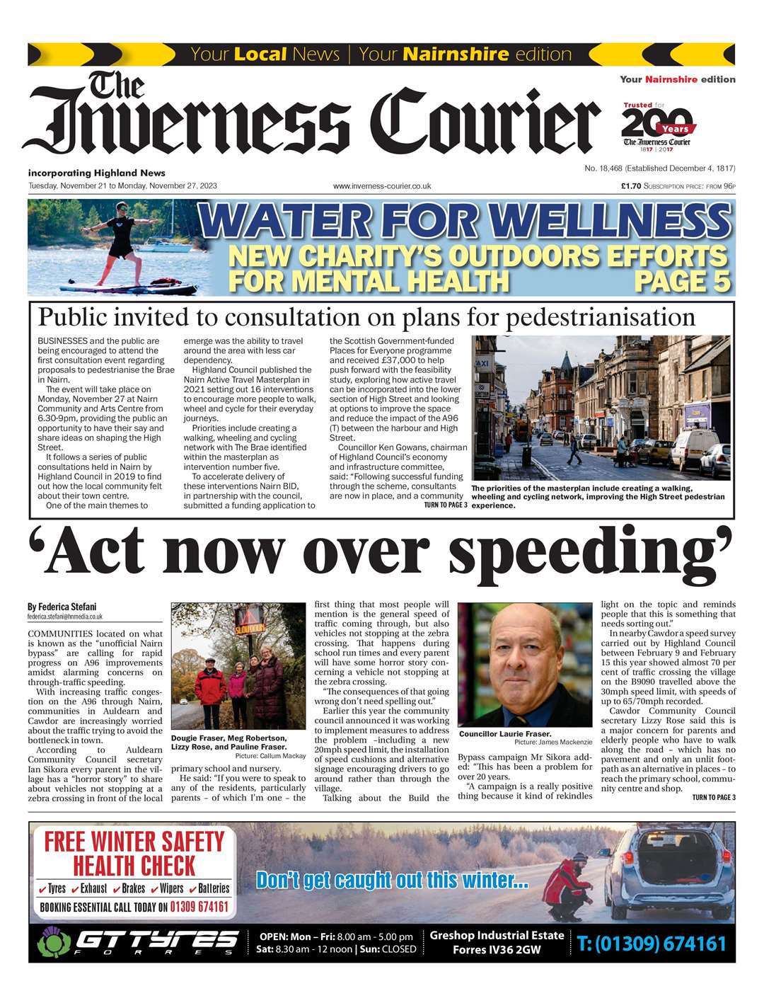 The Inverness Courier (Nairnshire edition), November 21, front page.