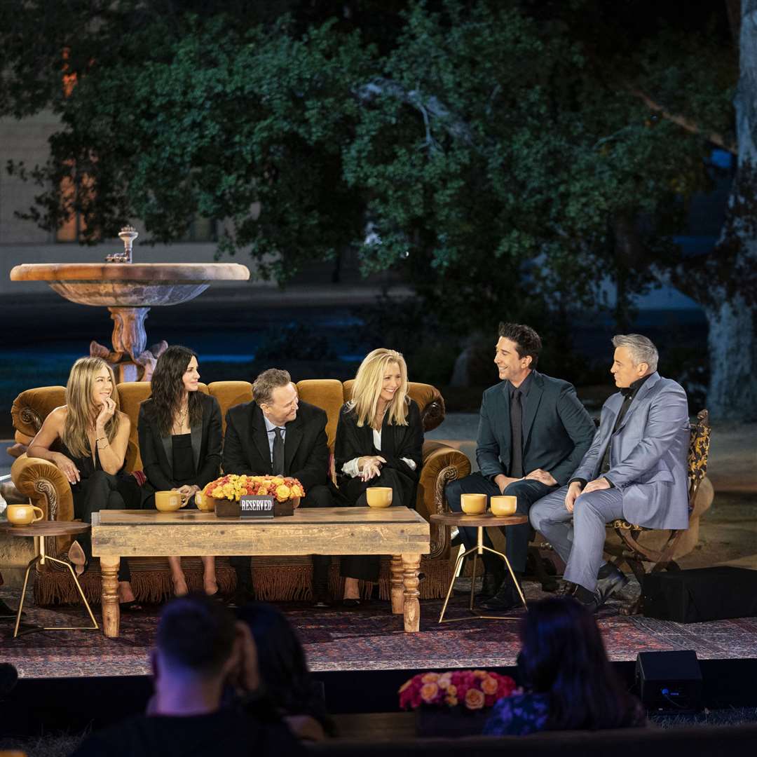 Friends reunion special (left to right) Jennifer Aniston, Courteney Cox, Lisa Kudrow, Matt LeBlanc, Matthew Perry and David Schwimmer (Terence Patrick/HBO Max/PA)