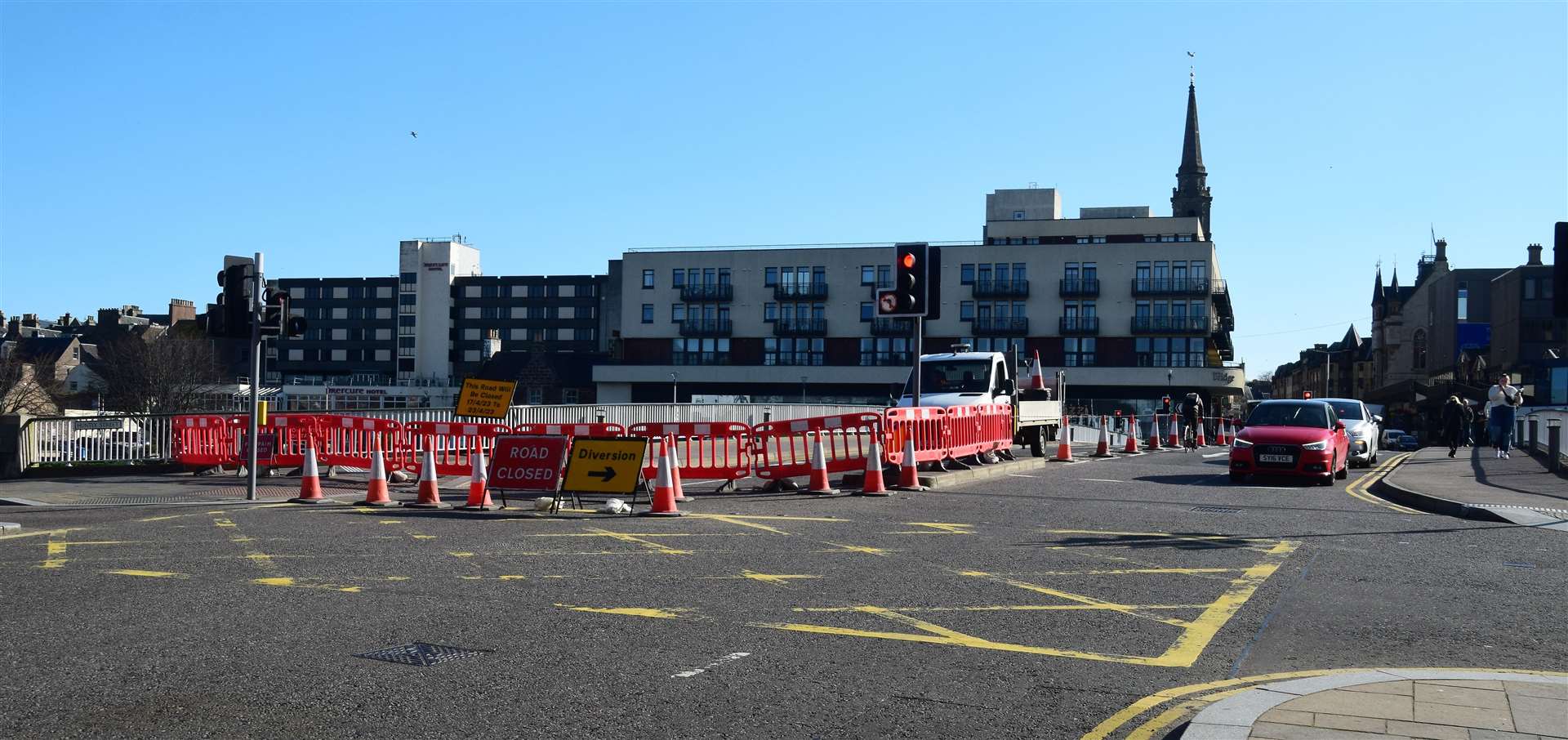 The roadworks on Ness Bridge got under way shortly before 8am on Monday. Picture: Philip Murray.