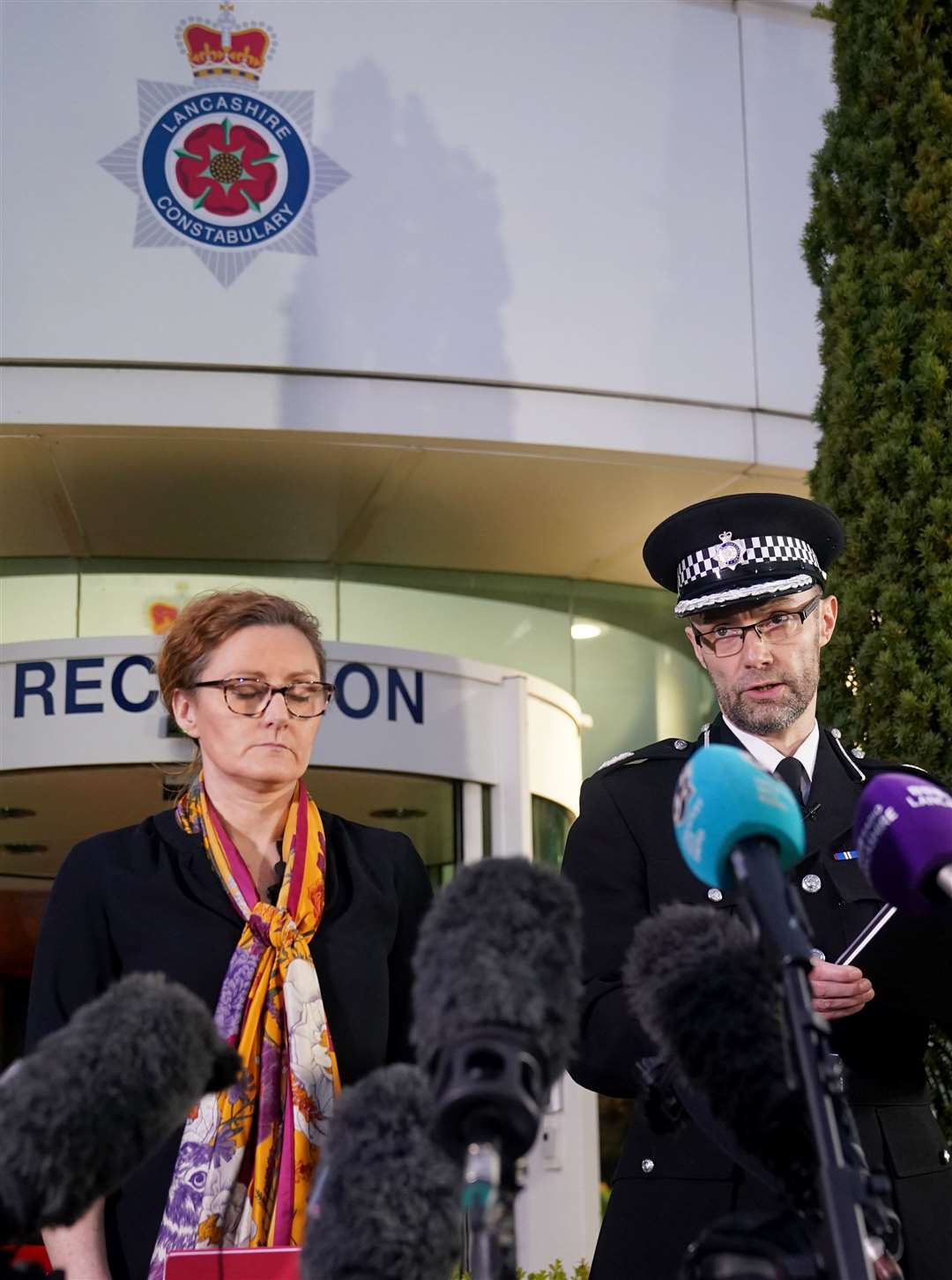 Assistant Chief Constable Peter Lawson of Lancashire Police with Detective Chief Superintendent Pauline Stables at a press conference outside force headquarters (Owen Humphreys/PA)