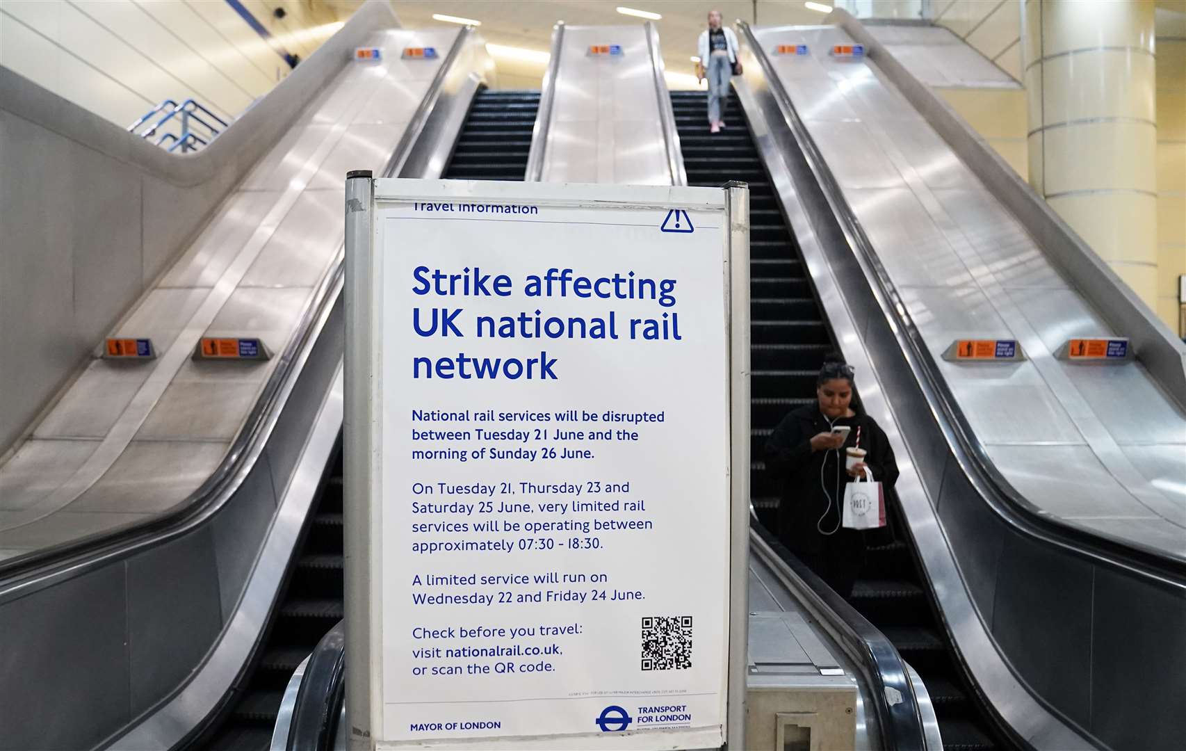 A sign warns passengers at Stratford station of the strike action (Stefan Rousseau/PA)