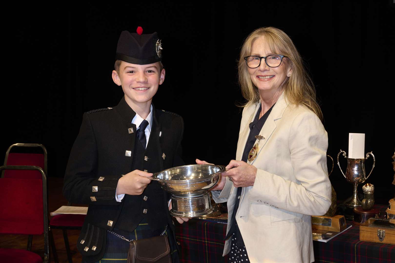 Glynis Campbell-Sinclair (the Provost of Inverness) with Rory Manzies who won the U15 MSR at the Northern Meeting 2022 which was held at Eden Court in Inverness.