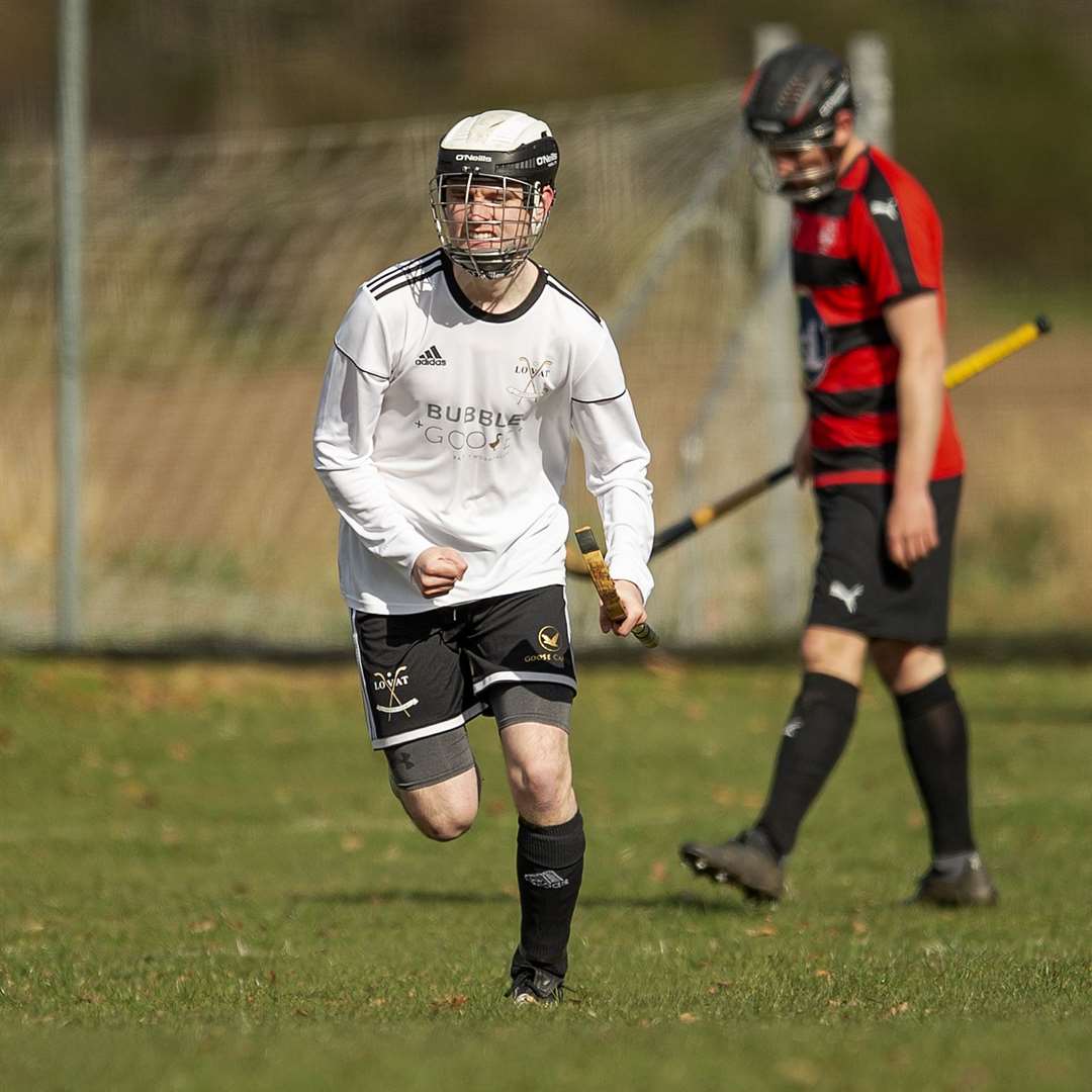 Lovat's Graeme MacMillan celebrates getting the only goal of the game. Lovat v Oban Camanachd in the Mowi Premiership, played at Balgate, Kiltarlity.