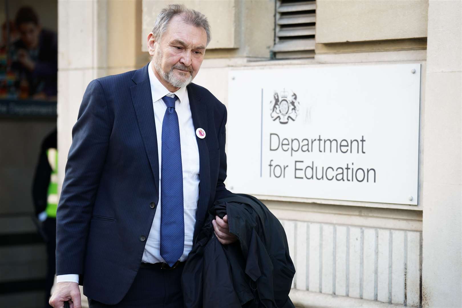 The NEU’s Kevin Courtney leaving the Department for Education following talks with Education Secretary Gillian Keegan (PA)