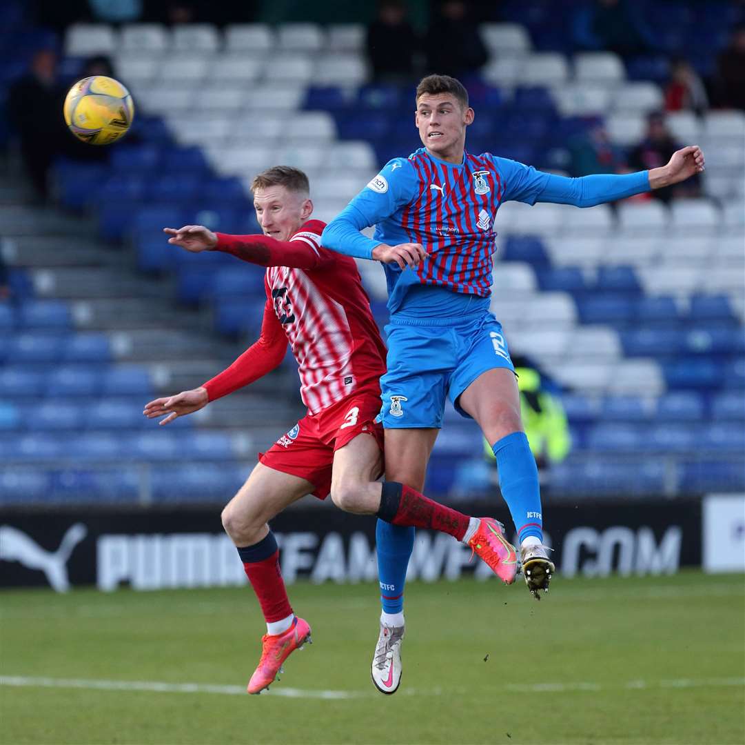 Wallace Duffy rises high to head clear of Liam Dick as Inverness Caledonian Thistle drew with Raith Rovers in the Scottish Championship earlier this season. Picture: Ken Macpherson