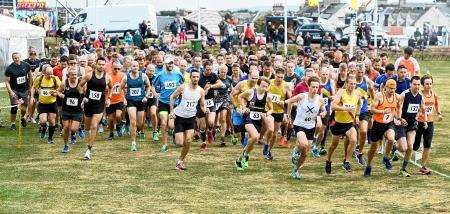 James Hoad (number 60) leads from the start at the Nairn Half Marathon on Saturday. Picture: Gair Fraser. Image No. 041895