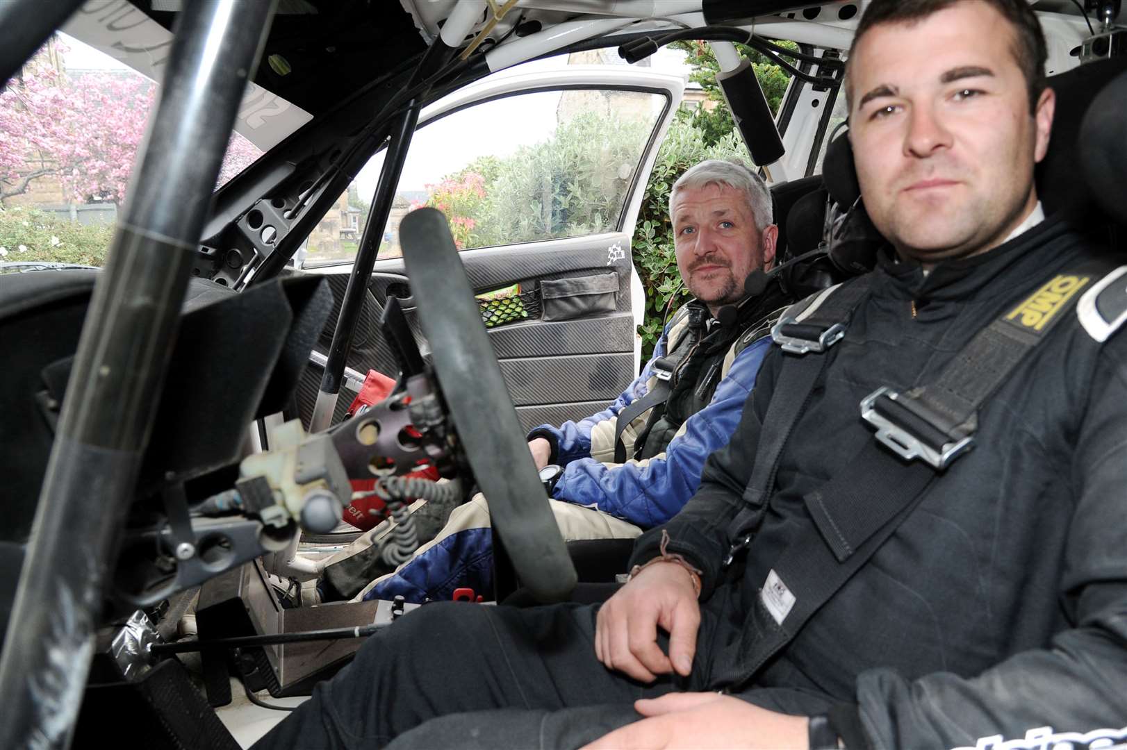 Paul Beaton (left) and Euan Thorburn check in their winning time at the Speyside Rally. Picture: Eric Cormack. Image No.043776.