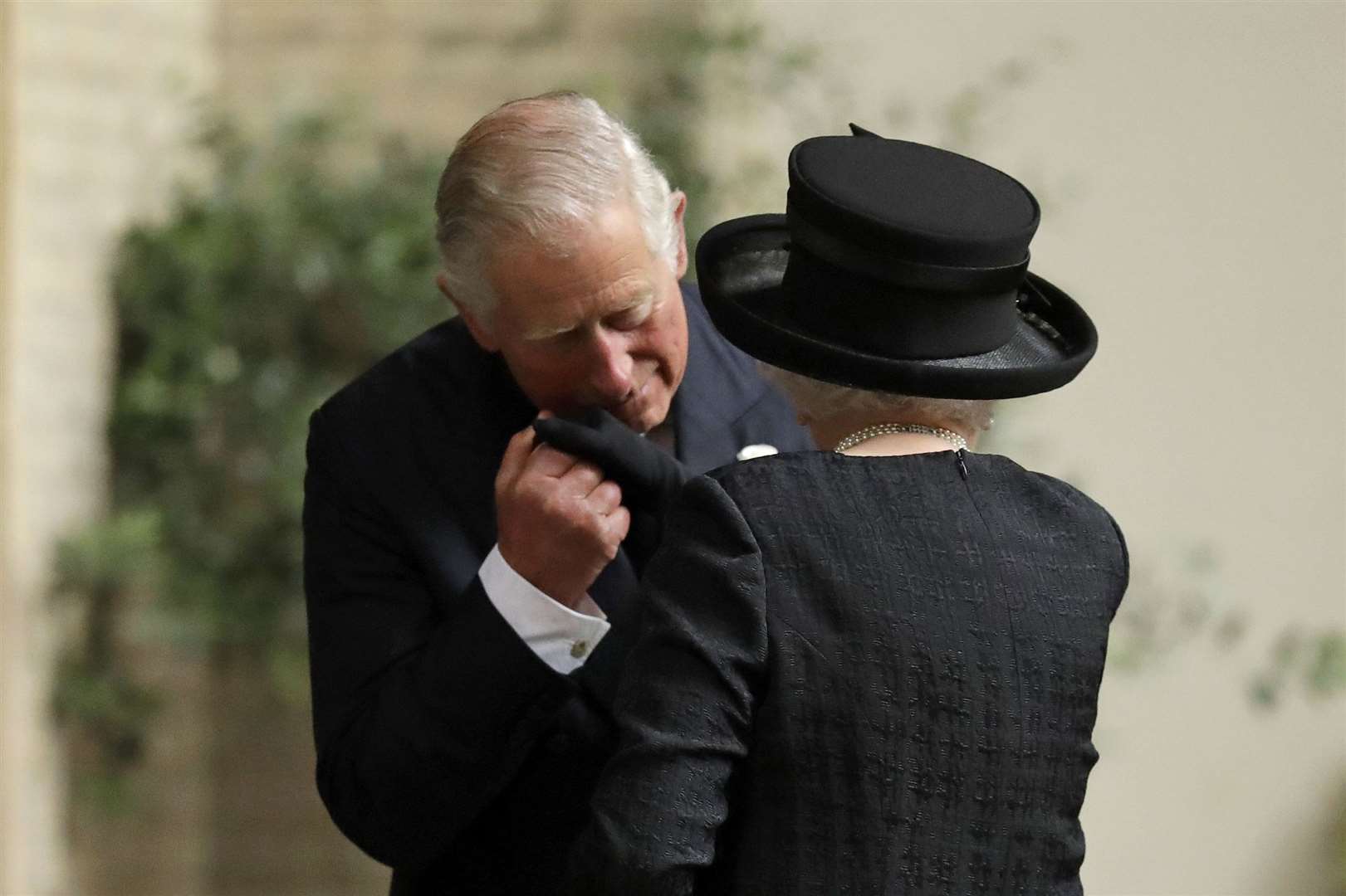 The Prince of Wales greets the Queen at the funeral of Countess Mountbatten of Burma in 2017 (Matt Dunham/PA)