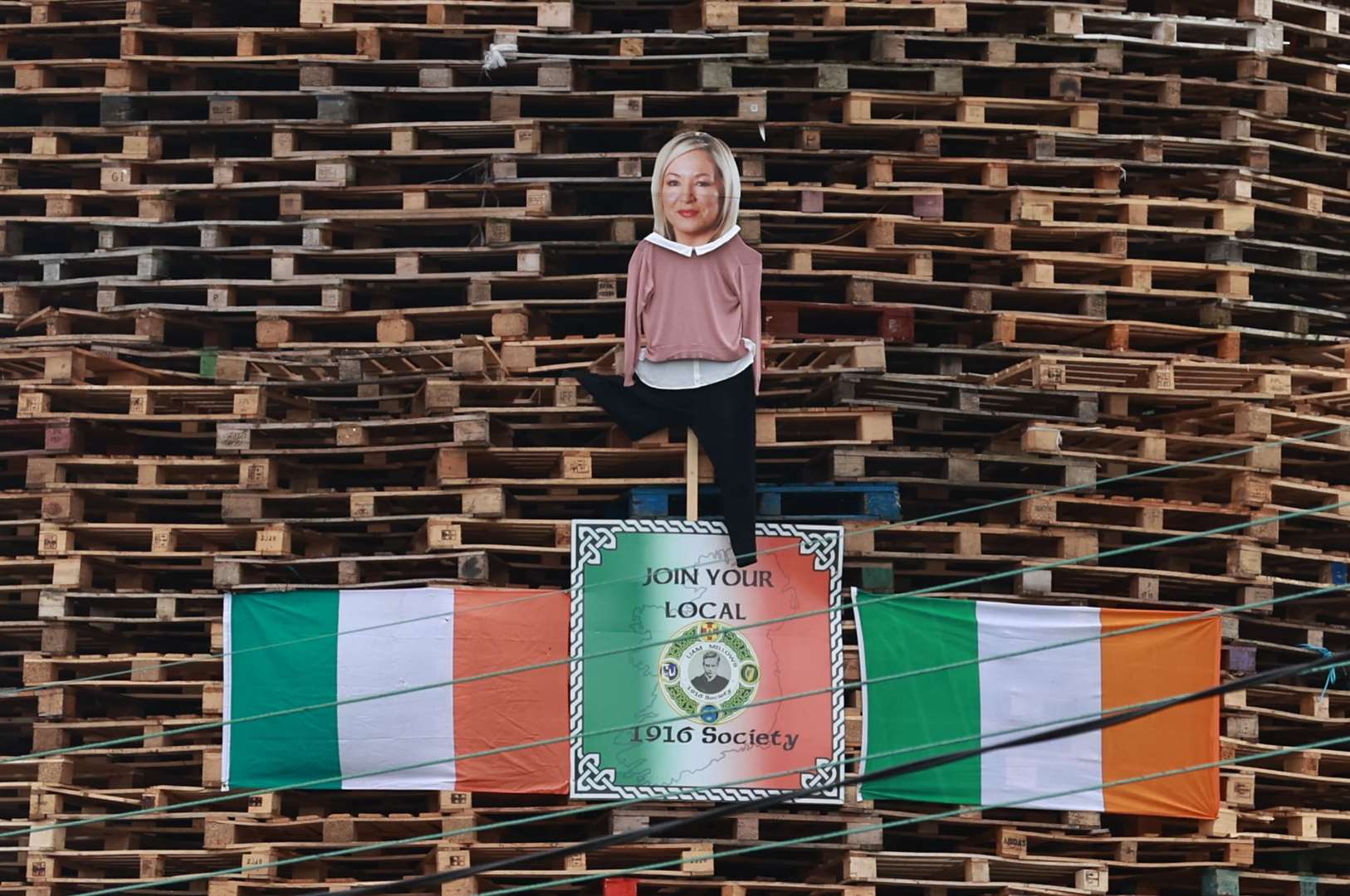 An effigy of Sinn Fein vice president Michelle O’Neill on the Eastvale Avenue bonfire in Dungannon (PA)