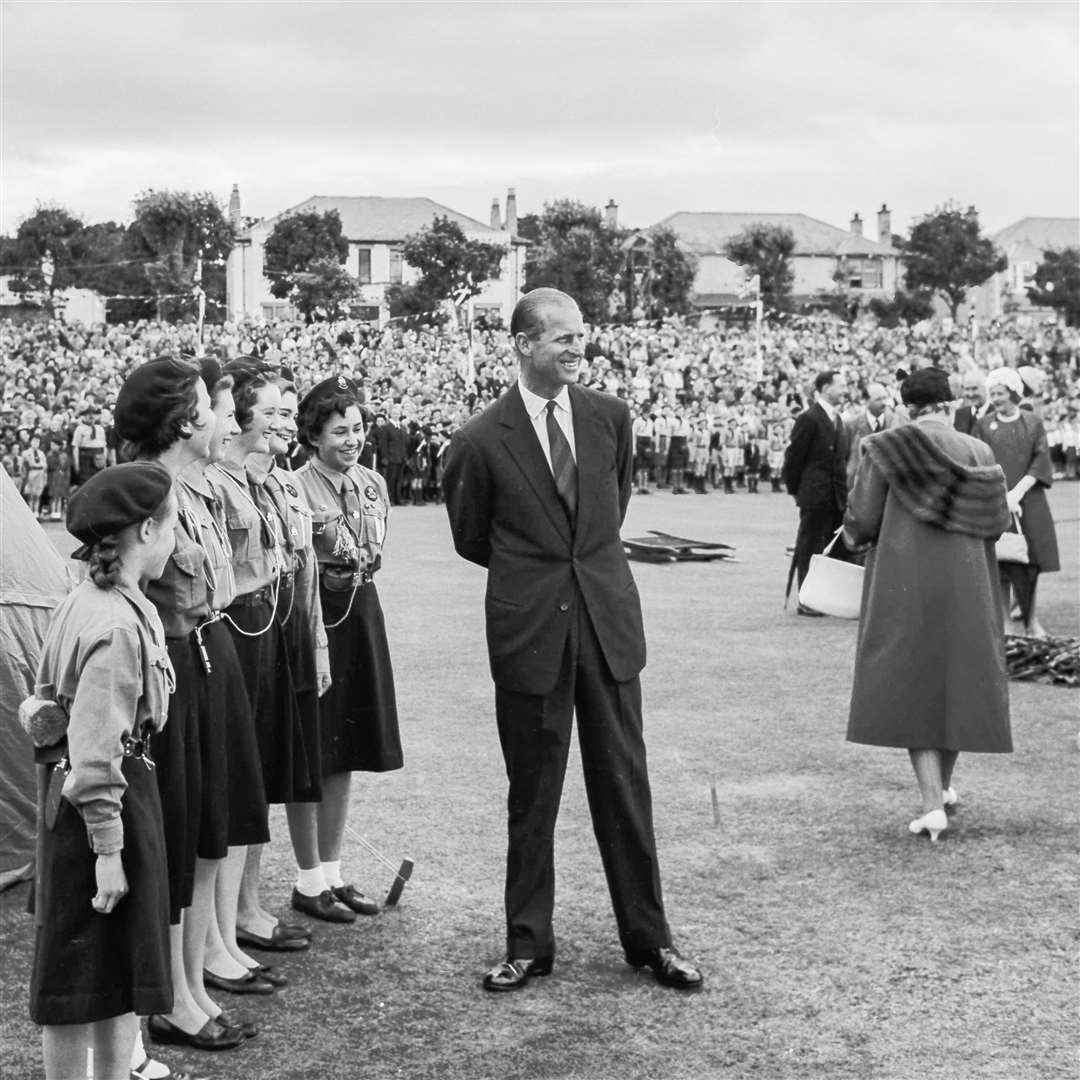 The Duke of Edinburgh spoke with Nairn Girl Guides during a visit by the Royal Couple on Monday, August 14 1961. From the Northern Scot archive.