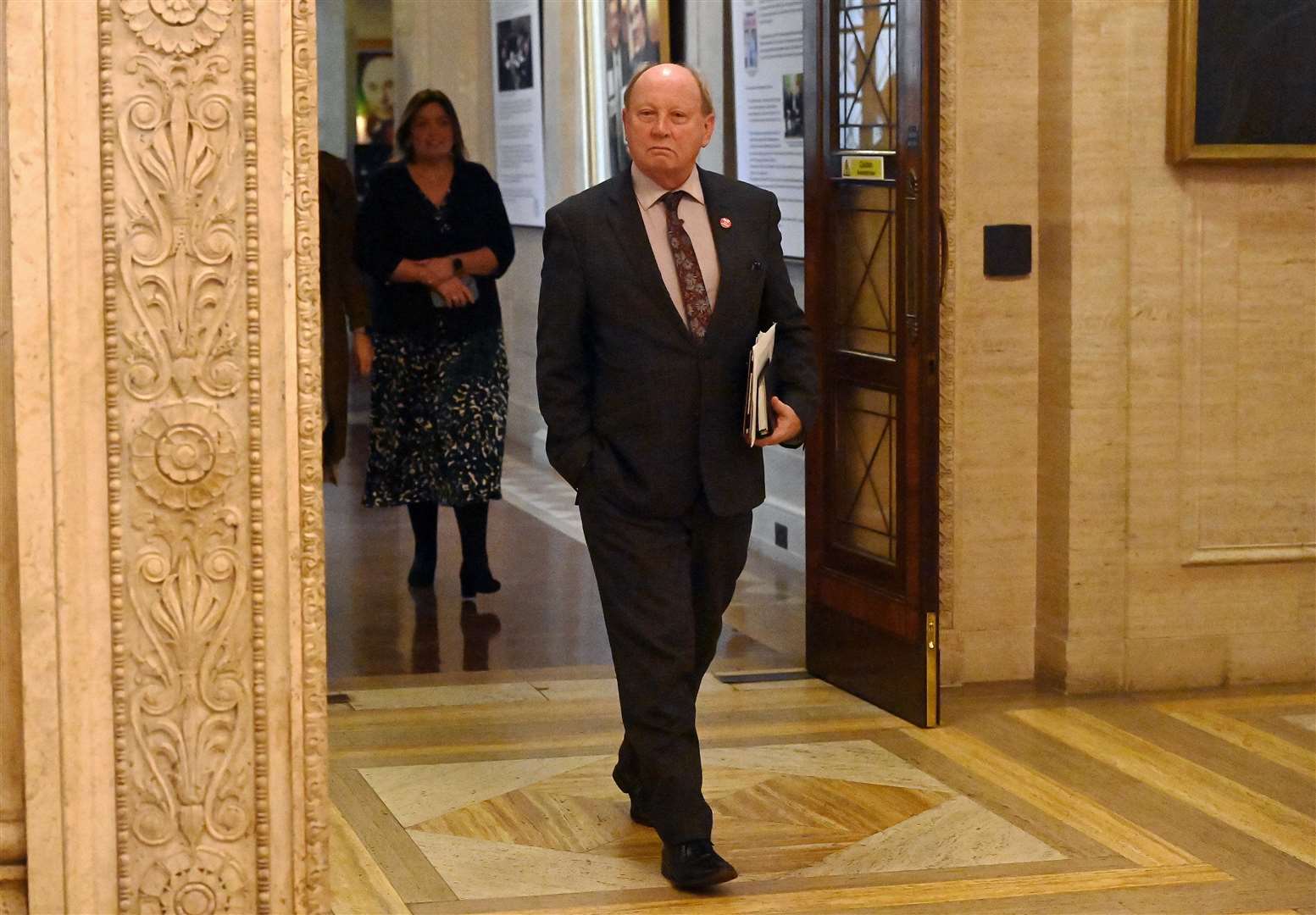 TUV Leader Jim Allister leaving the chamber at the Northern Ireland Assembly (Oliver McVeigh/PA)