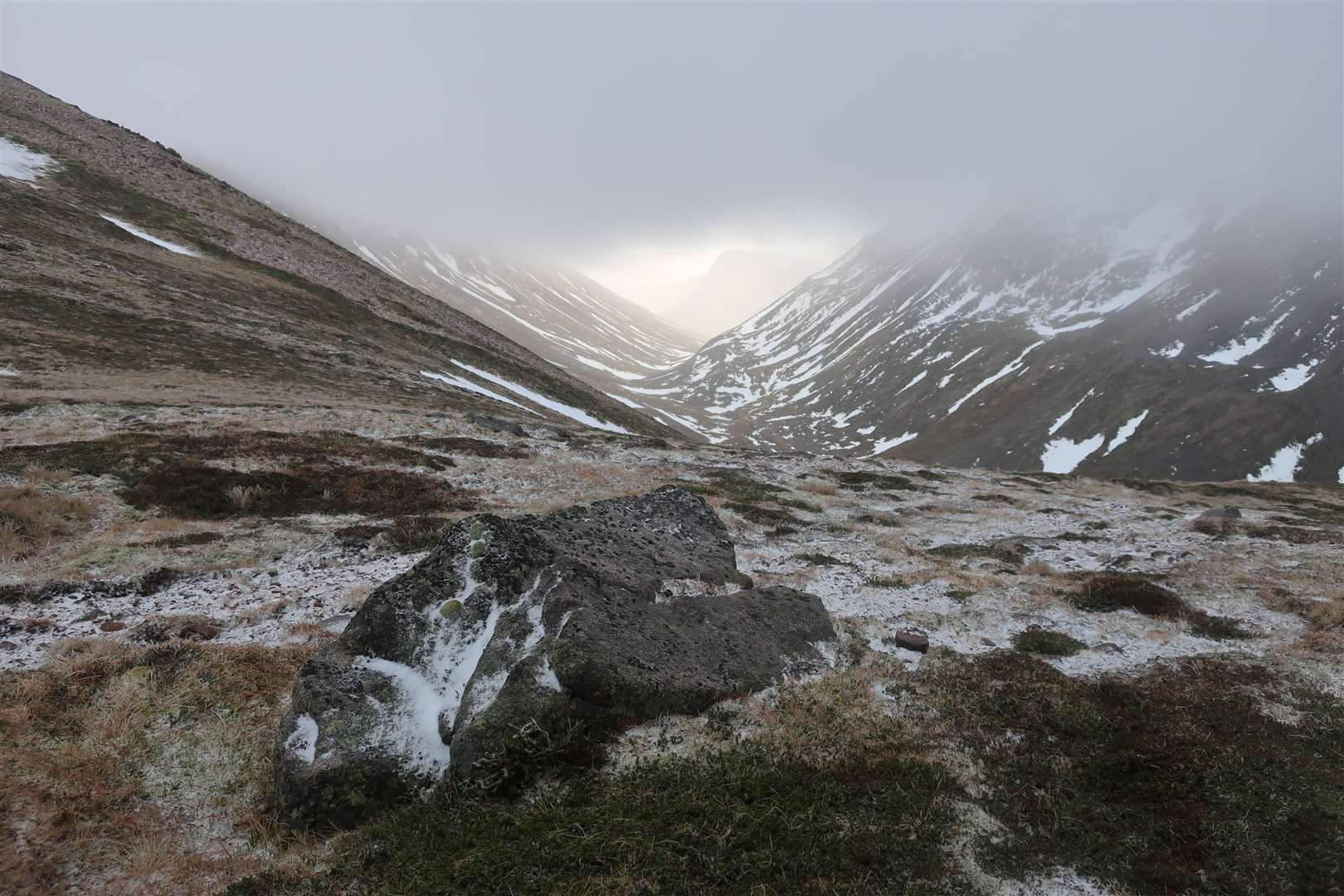 Looking south down the Lairig Ghru towards the Devil's Point from the flat bealach.