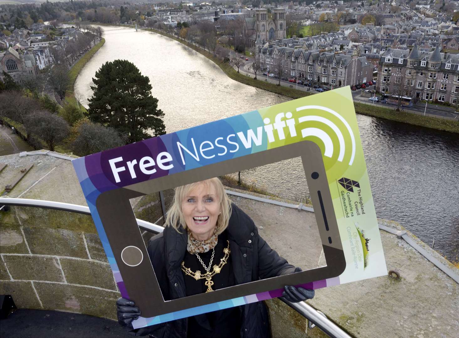 Inverness Provost Helen Carmichael marks the roll out of the free wi-fi in Inverness city centre.
