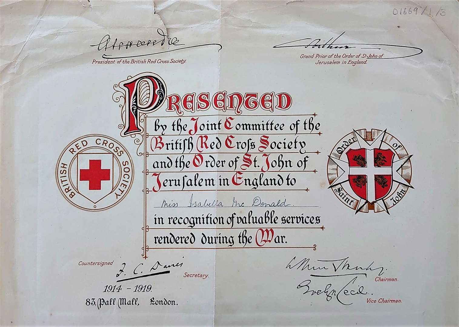 British Red Cross Society certificate presented to Isabella McDonald.