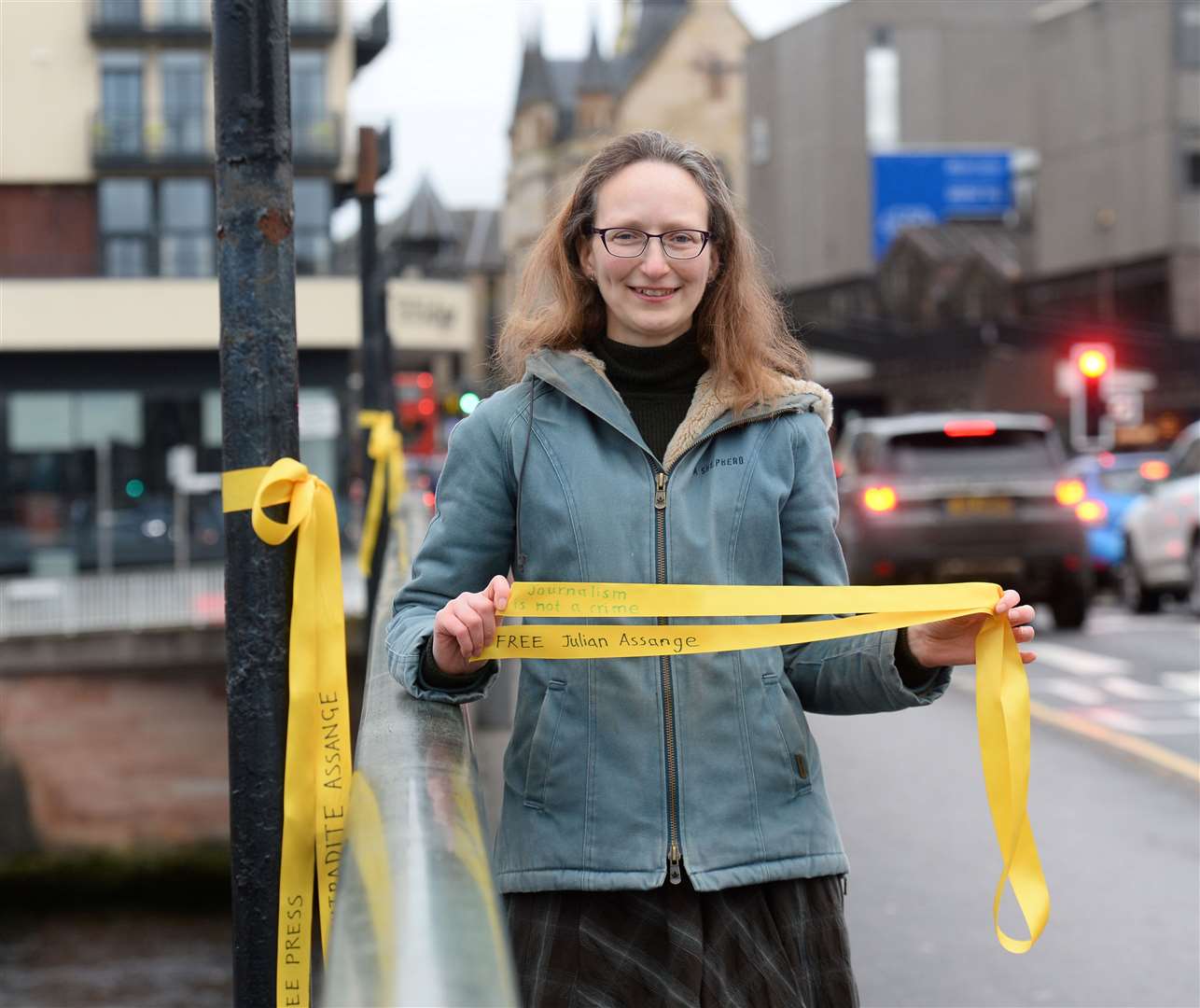 Kay Kelly tied yellow ribbons to Ness Bridge to flag up awareness of the court case looking into whether Julian Assange can be extradited to the USA...Picture: Gary Anthony..