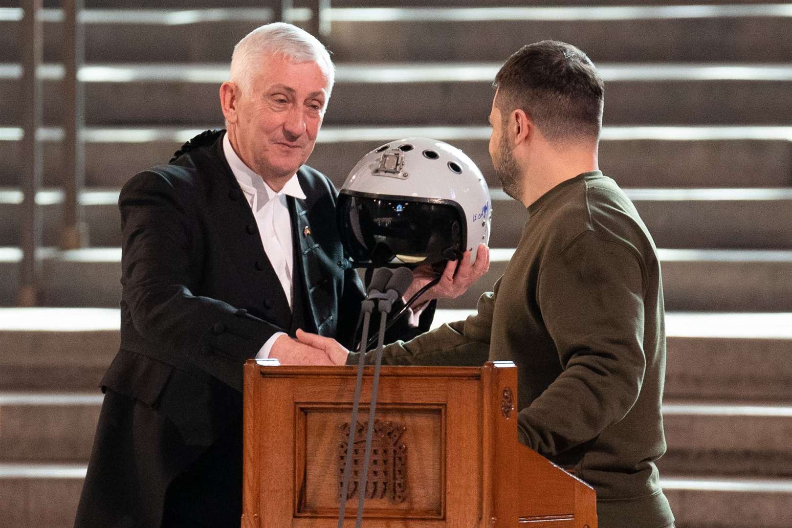 Sir Lindsay Hoyle was given the helmet of a Ukrainian pilot by President Volodymyr Zelensky when he welcomed him to Parliament (Stefan Rousseau/PA)