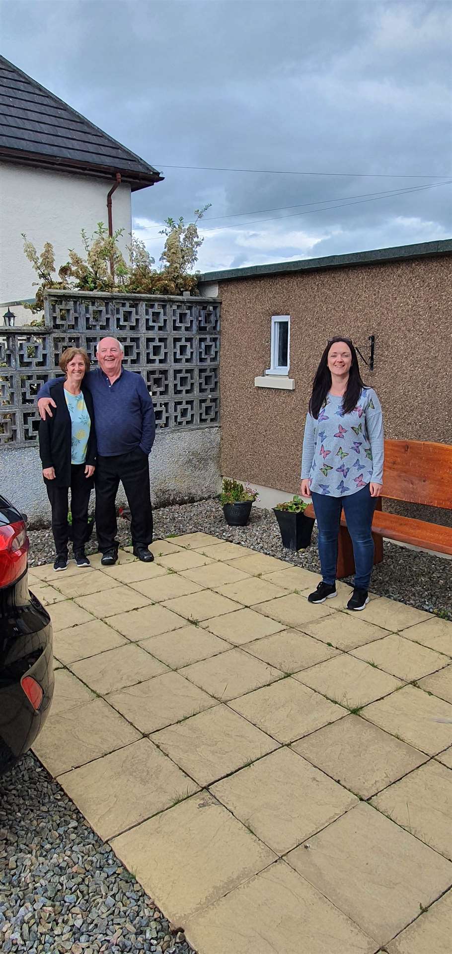 Claire Ironside is reunited with her parents Helen and John Ironside in the garden of their Kirkhill home in Inverness.