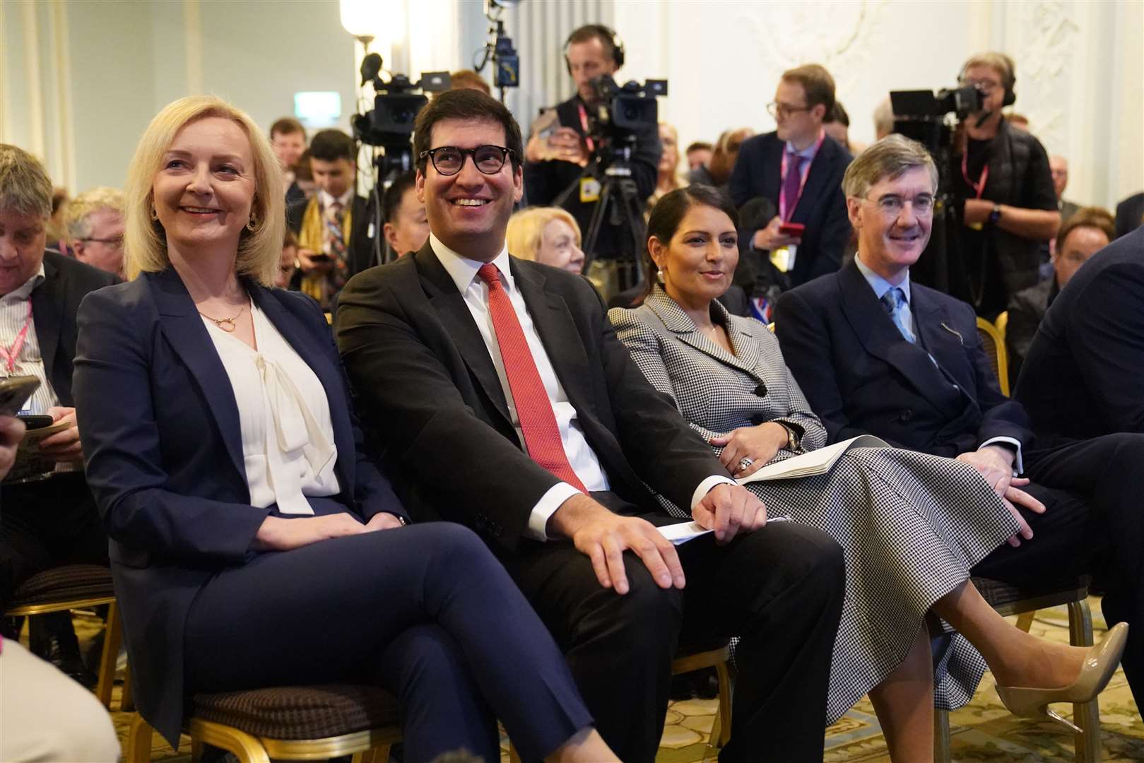 Ms Truss was joined, left to right, by former Cabinet colleagues Ranil Jayawardena, Dame Priti Patel and Sir Jacob Rees-Mogg (Stefan Rousseau/PA)