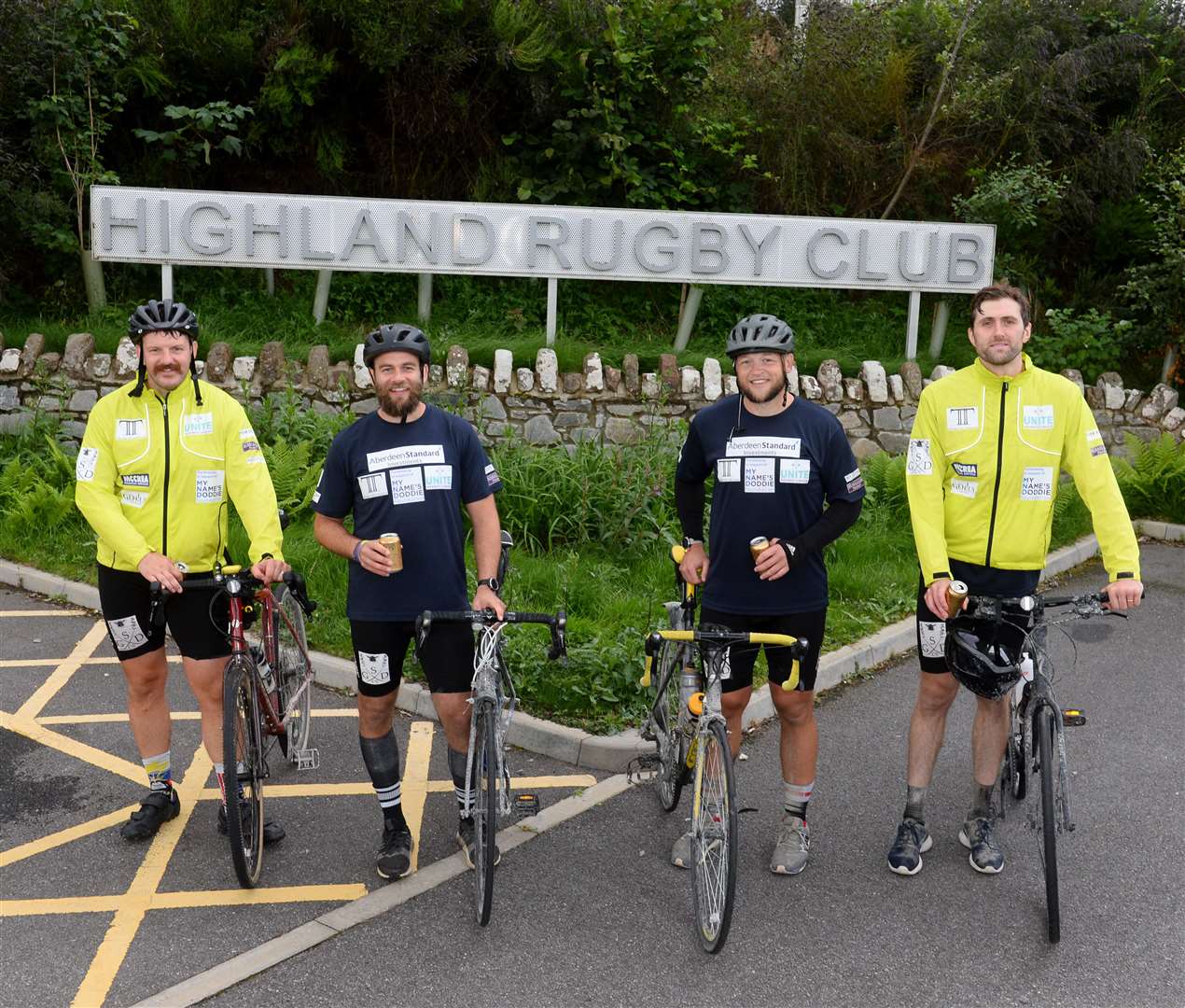 Former Glasgow Warriors rugby players Andrew Easson(left) Ruarudh Jackson,Ryan Grant and Richie Vernon cycle the Caledonian Way to raise money for My Name'5 Doddie Foundation and Unite Against Cancer finishing at Highland Rugby Club...Picture: Gary Anthony..