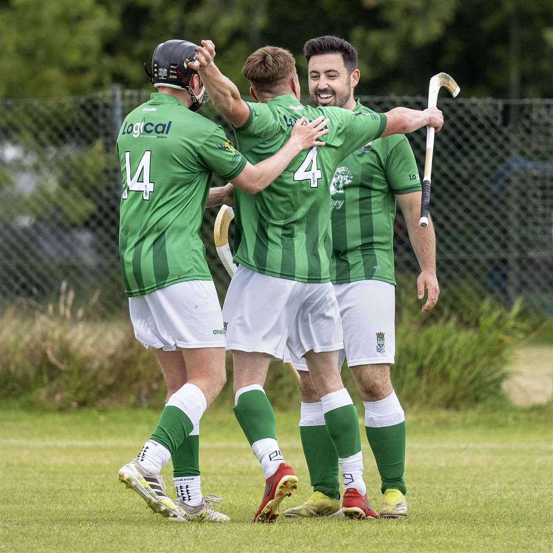 Beauly players celebrate the last minute winning goal scored by Jack Macdonald (right). Beauly v Skye Camanachd in the quarter final of the Ferguson Transport Balliemore Cup, played at Braeview, Beauly.