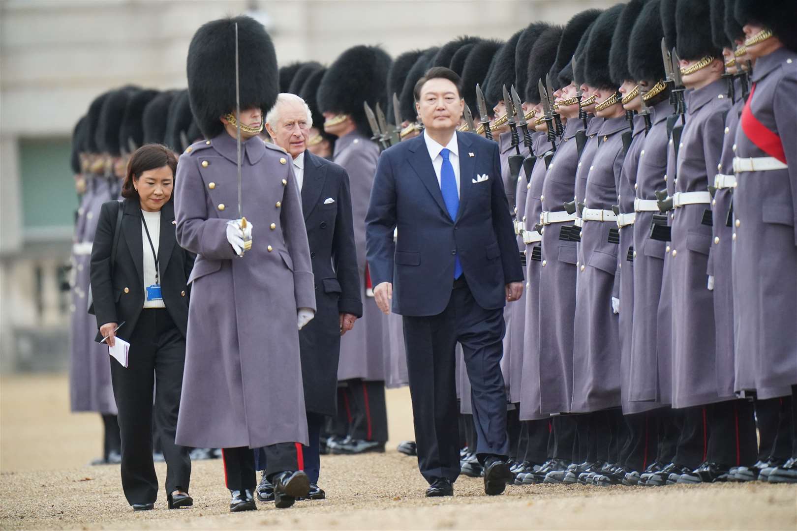 The King and President of South Korea, Yoon Suk Yeol, during the ceremonial welcome at Horse Guards Parade (Victoria Jones/PA)