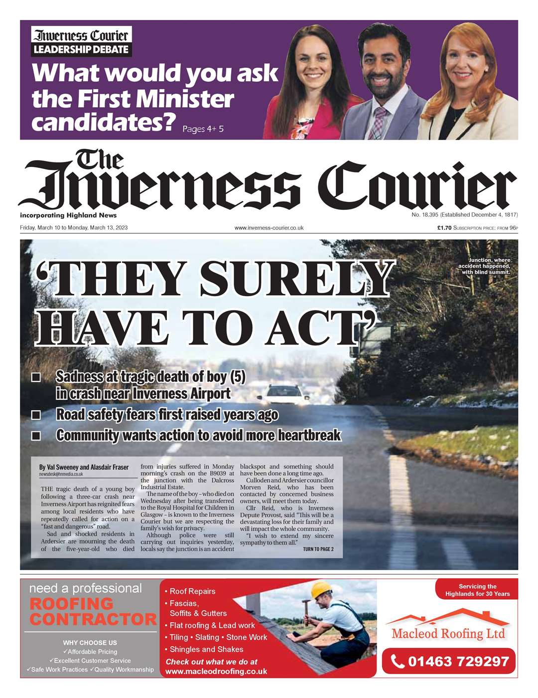 The Inverness Courier, March 10, front page.