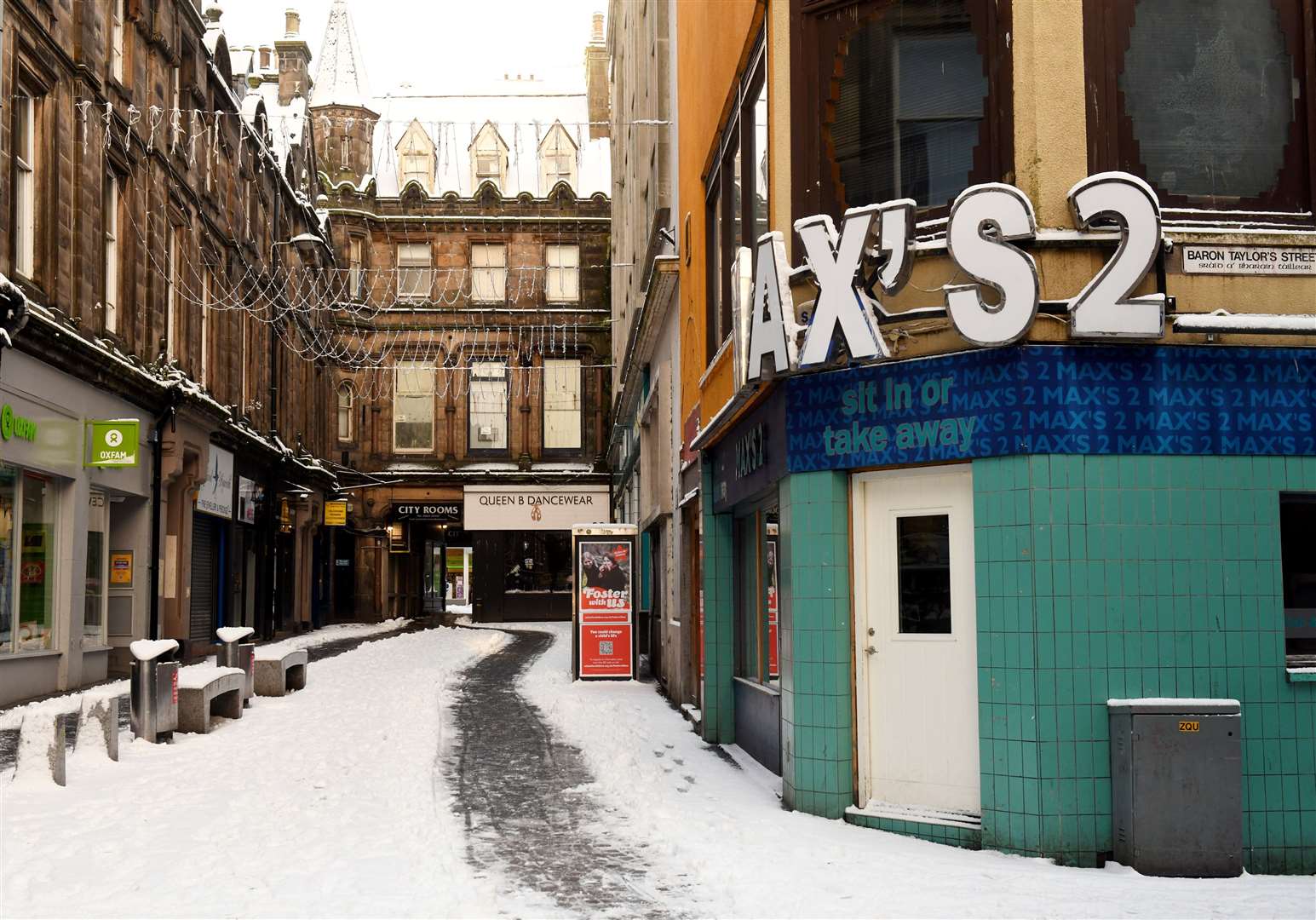 Drummond Street in the snow.
