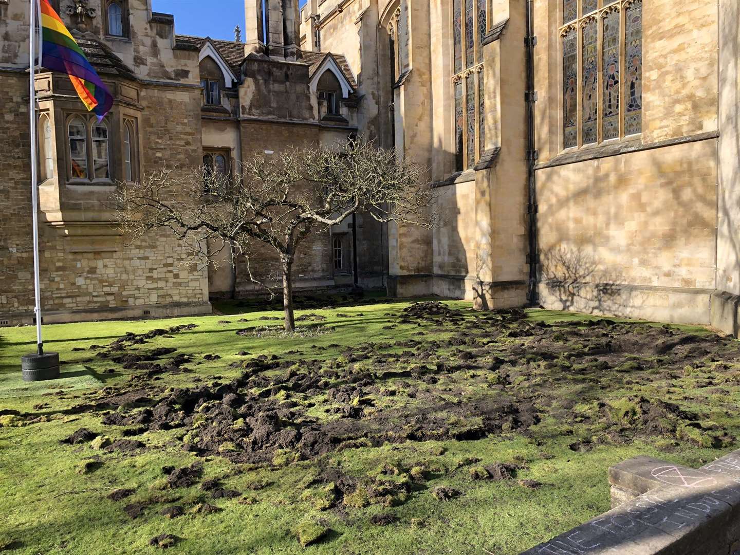 Trinity College lawn in Cambridge after Extinction Rebellion activists dug it up (Tim Norman/Twitter/PA)