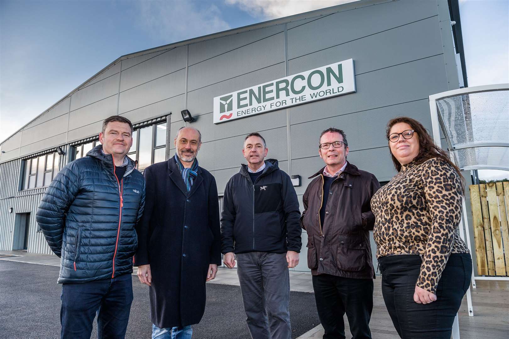 From left, Brian Innes, of IBI Joiners Ltd, Julian Martin, the managing director of ENERCON Services UK Ltd, Willie Gray, the managing director of Ark Estates, Inglis Lyon, the managing director of HIAL and Kelly Horn, business support manager with ENERCON Services UK Ltd.