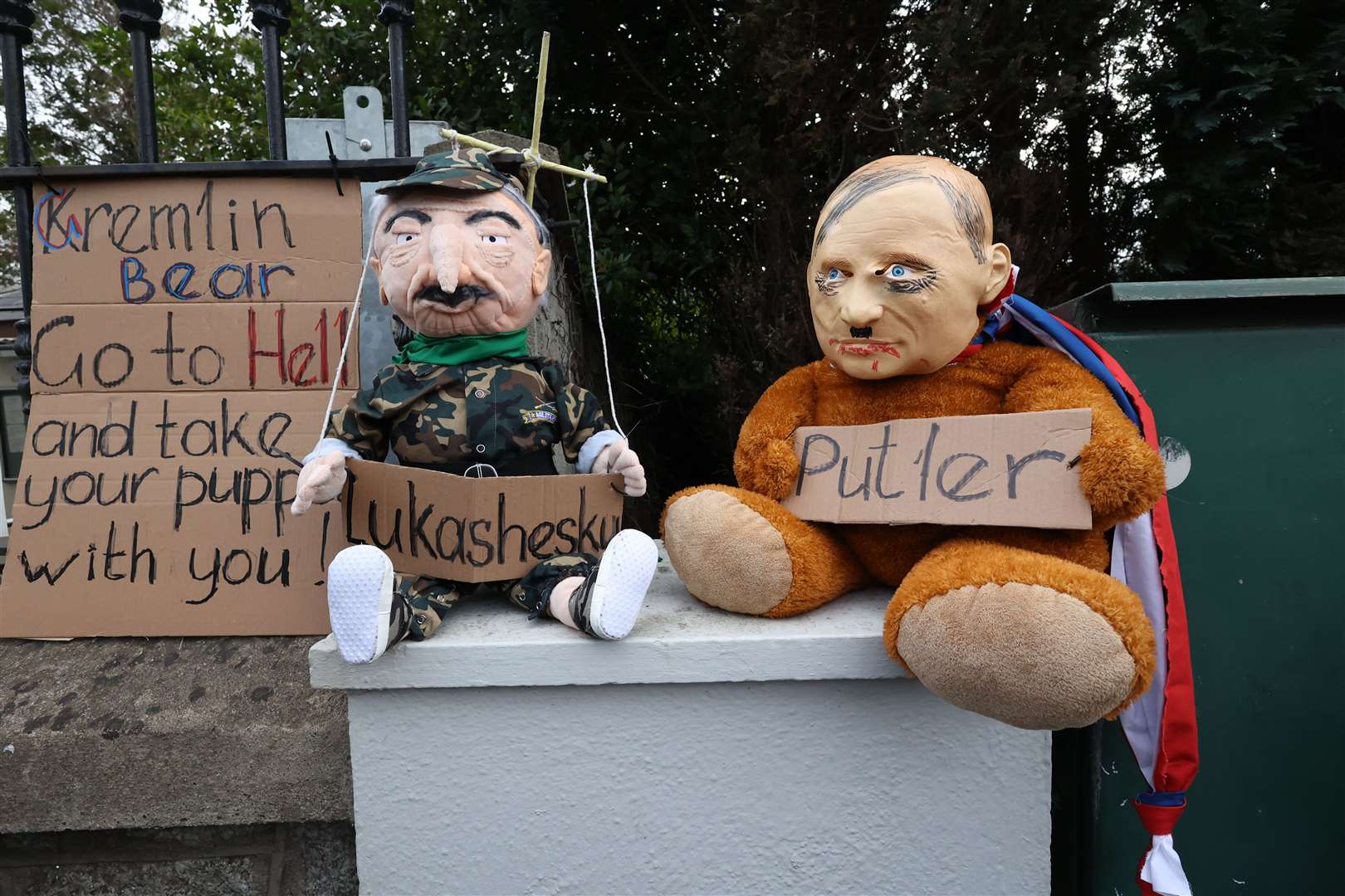 Effigies on display during a protest outside the embassy of the Russian Federation in Dublin, following the Russian invasion of Ukraine (Sam Boal/PA)