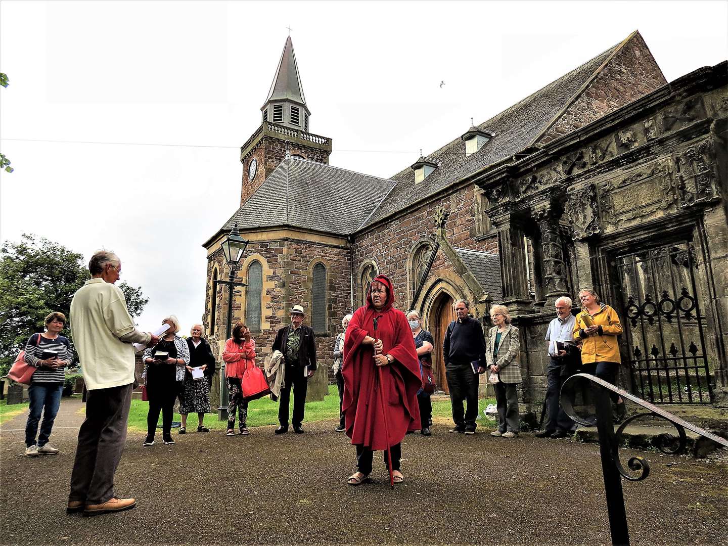 St Columba, in the person of Jim Alexander, confronts the initially aggressive Pictish King Brude, played by Deacon Dot Getliffe.