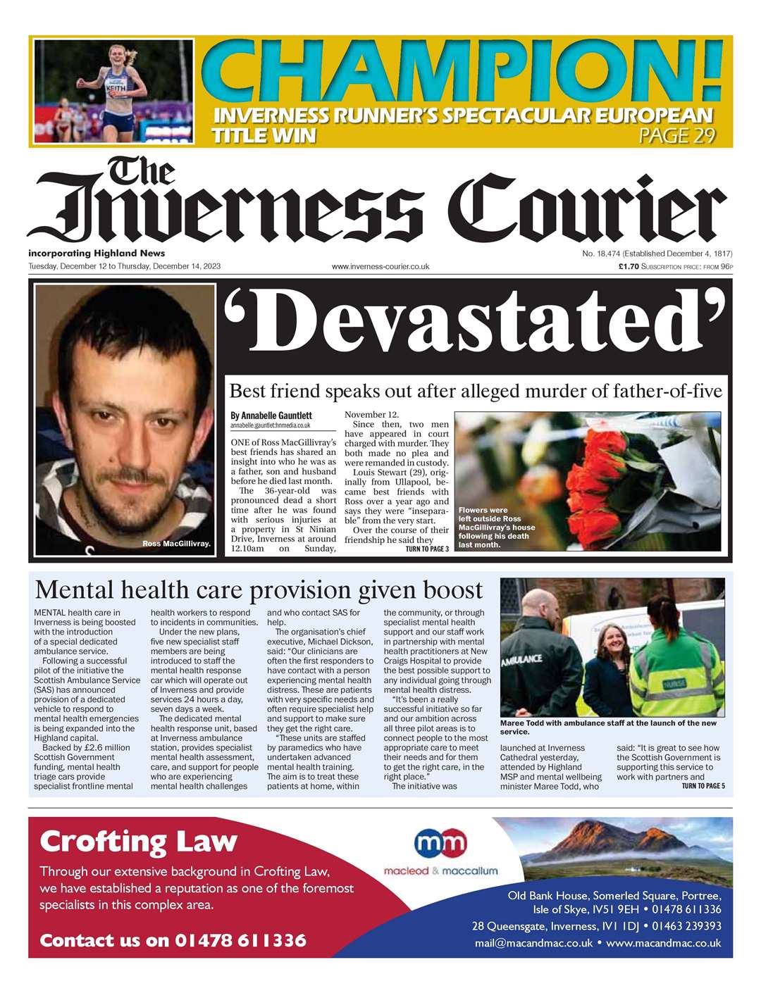 The Inverness Courier, December 12, front page.