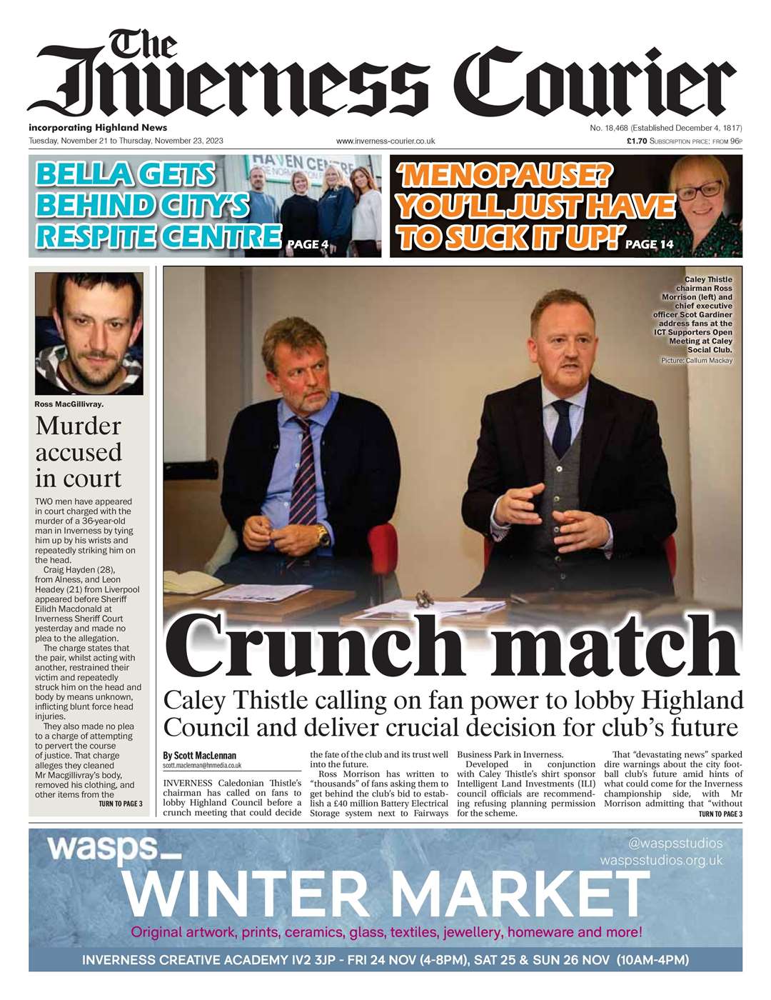 The Inverness Courier, November 21, front page.