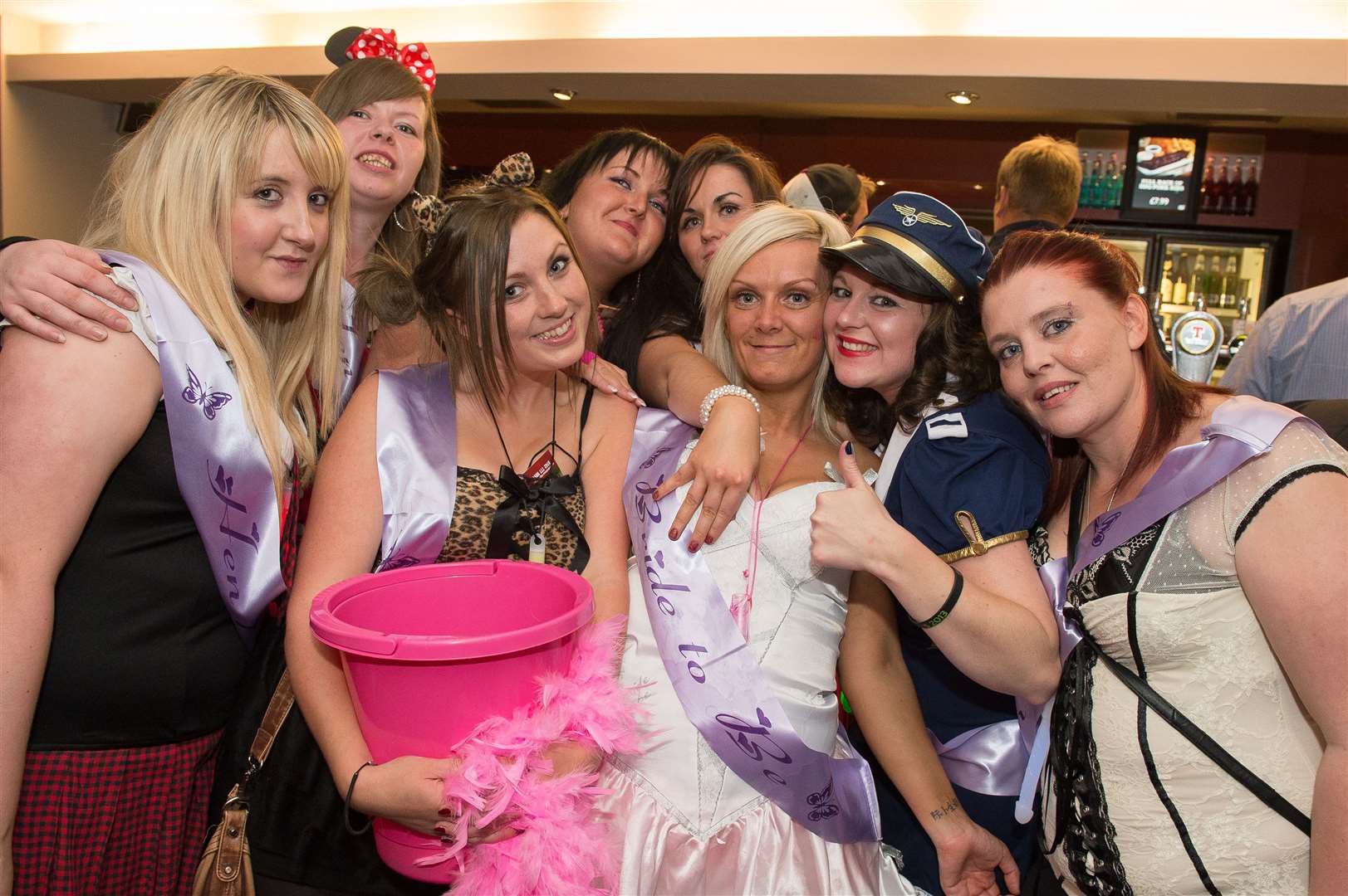 Frances Cameron (white wedding dress) on her Hen night in Wetherspoon. Picture: Callum Mackay.