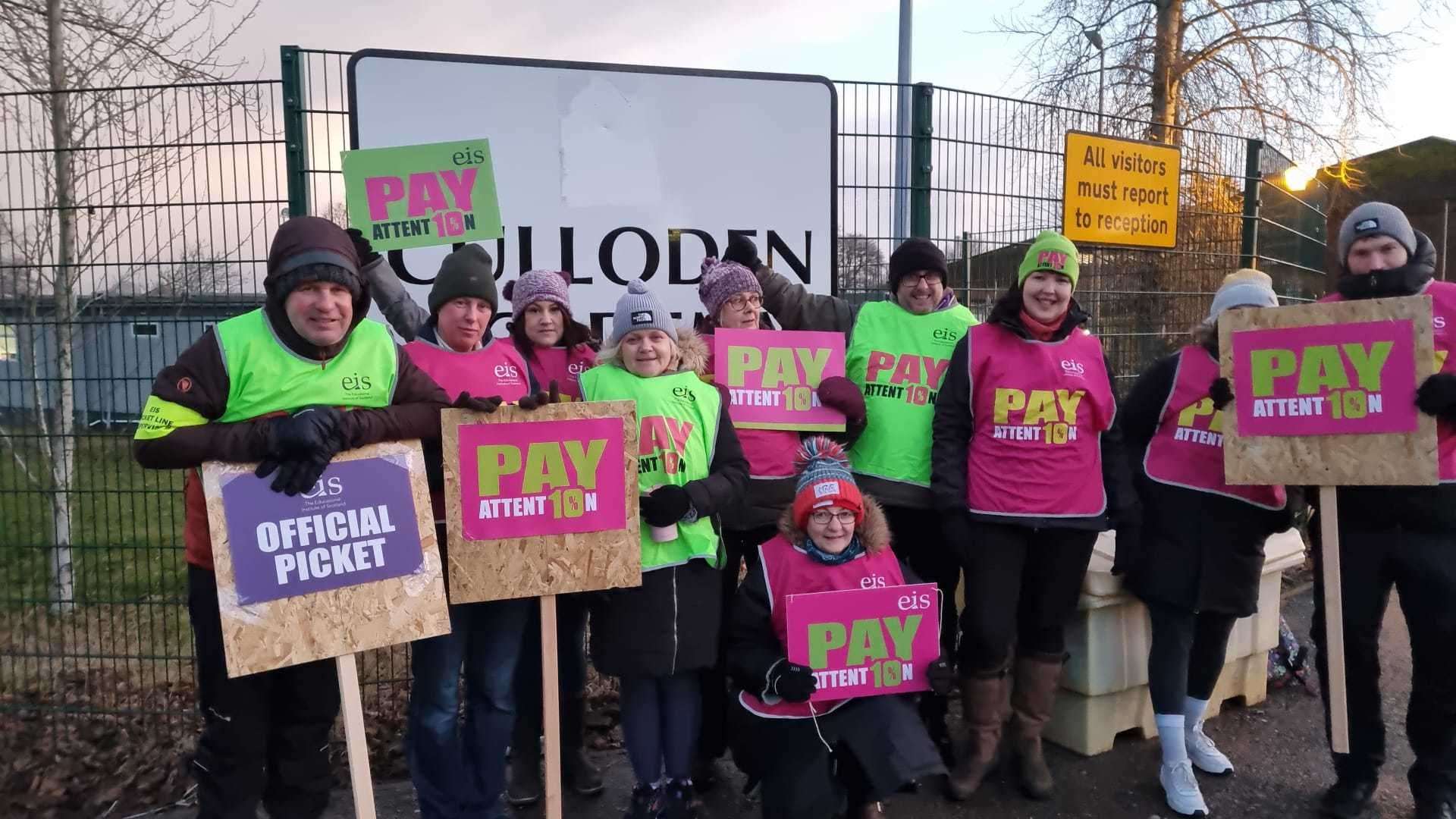 A teachers' picket line at Culloden Academy in January this year – now support staff are threatening to strike.