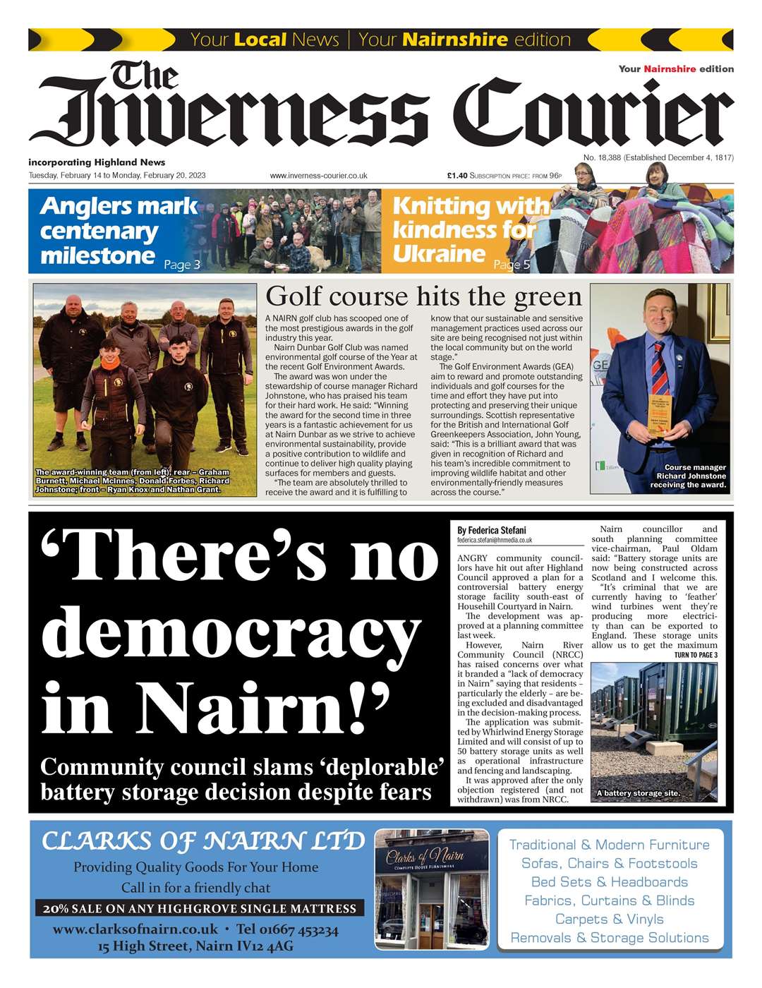 The Inverness Courier (Nairnshire edition), February 14, front page.