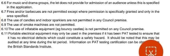 The rules showing an inserted ban on bouncy castle use at schools and other council premises.