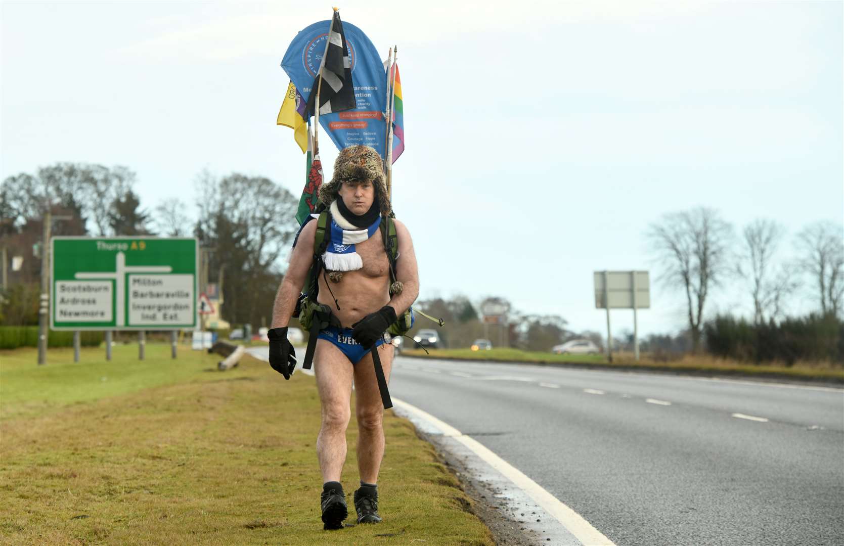 Michael Cullen, better known to thousands as Speedo Mick, continued his stomp through the Highlands saying recent incidents on the Kessock Bridge have highlighted the need for mental health support – the key issue he aims to raise awareness about. Picture: James Mackenzie