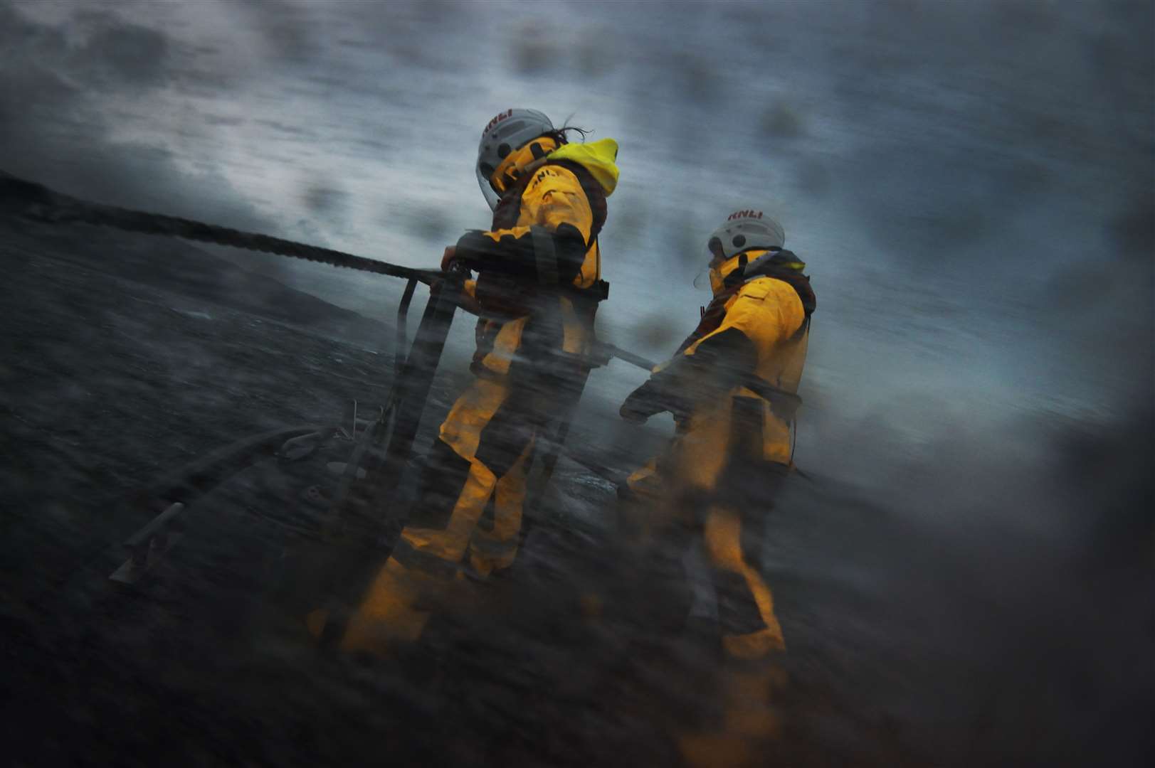 RNLI crew aboard a Shannon class lifeboat during stormy weather. Picture: RNLI/Nigel Millard.