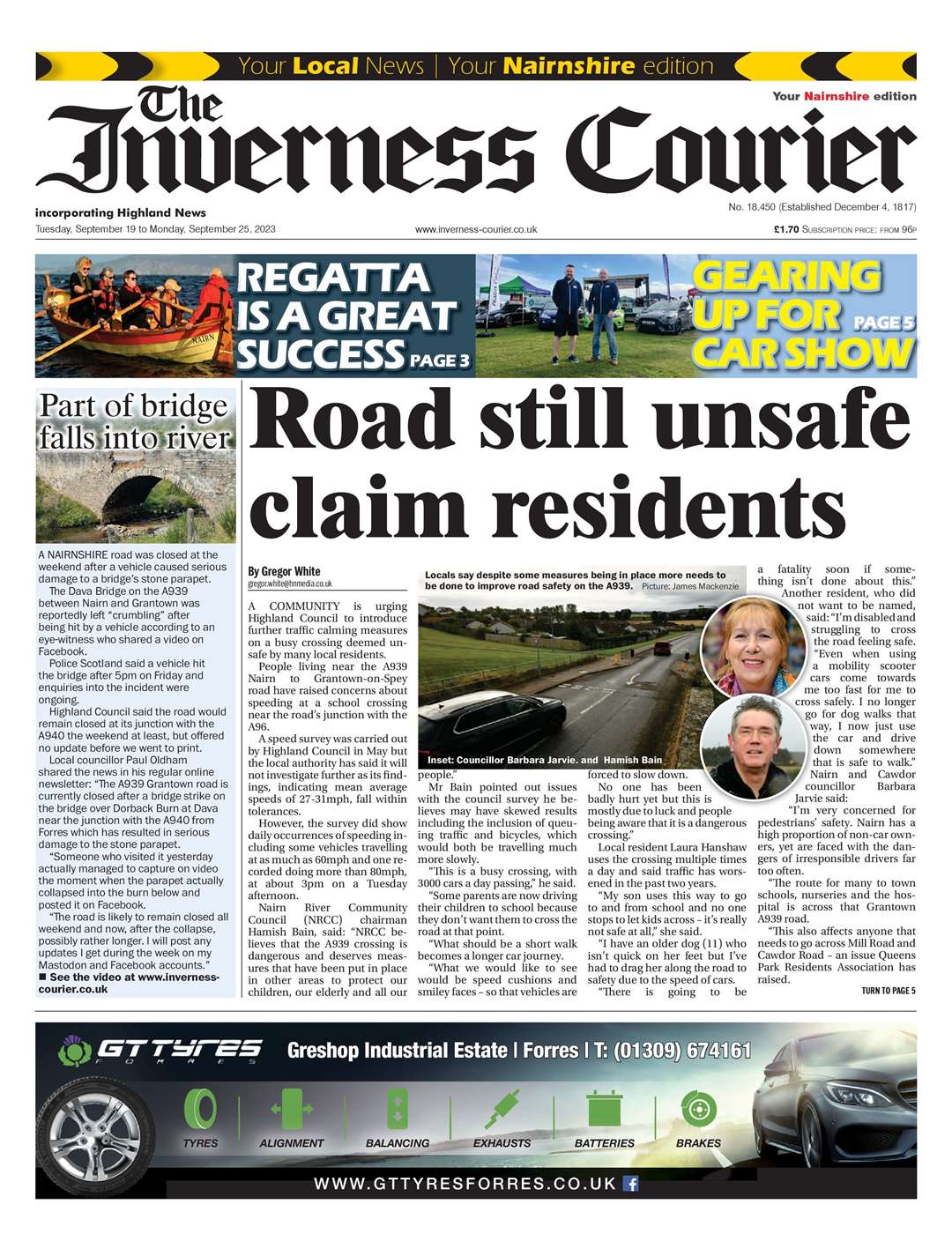 The Inverness Courier (Nairnshire edition), September 19, front page.