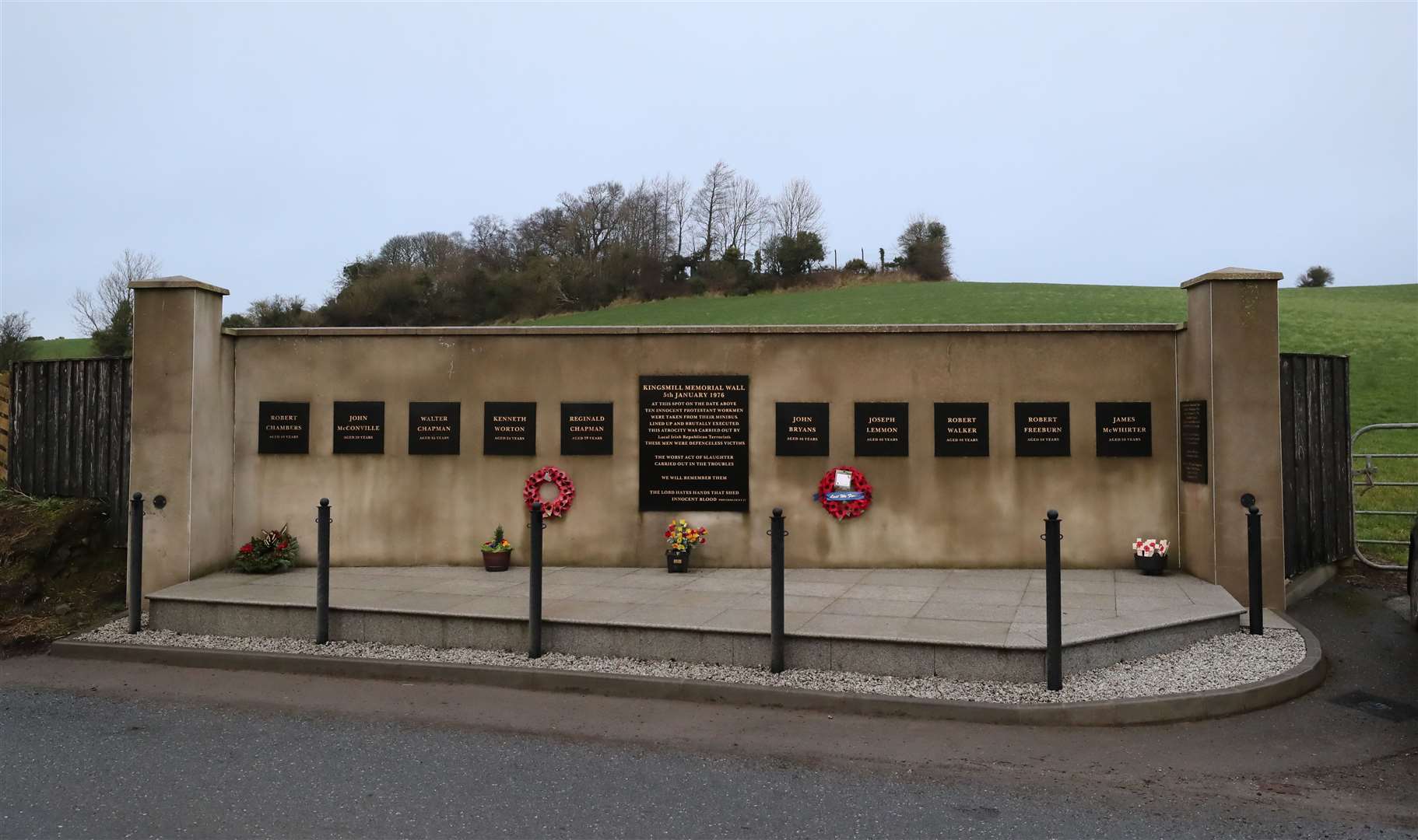 The Kingsmill memorial wall at the scene of the atrocity in Co Armagh (Niall Carson/PA)