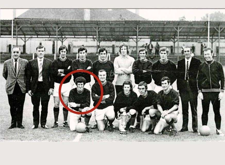 Johnnie Cowie (circled) with fellow Jags team members with the 1970-71 League Cup which they won with a 6-1 victory over Clach.