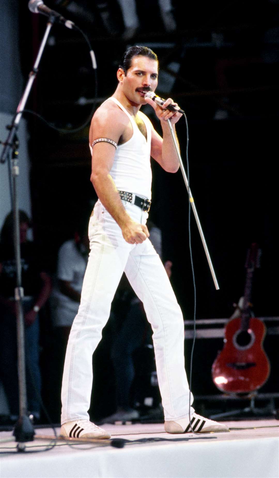 Freddie Mercury performing with Queen, during the Live Aid charity concert in 1985 (PA)