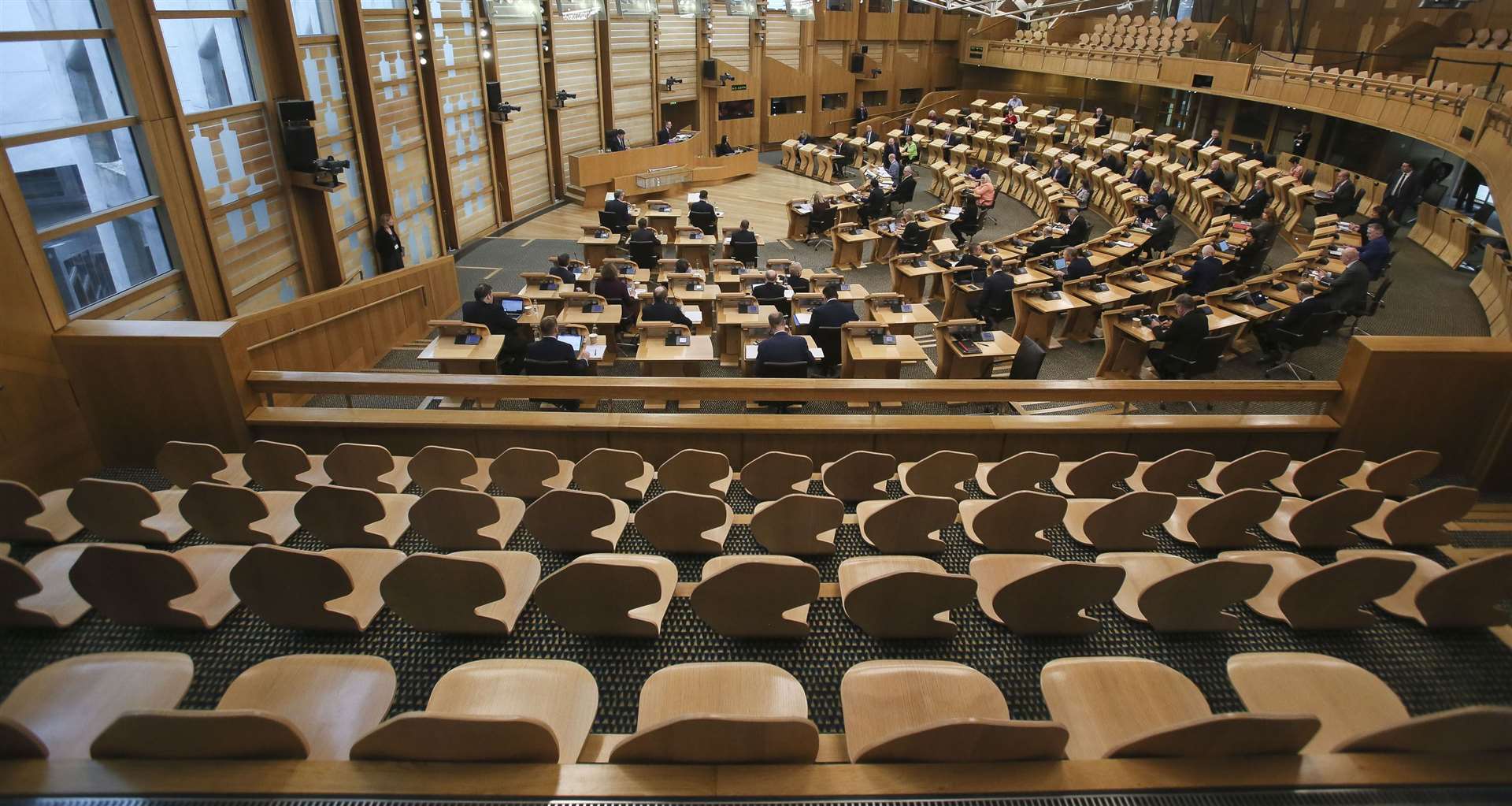 A debate is conducted for Covid-19 emergency legislation at the Scottish Parliament, Holyrood, in Edinburgh. PA Photo. Picture date: Wednesday April 1, 2020. See PA story HEALTH Coronavirus Scotland. Photo credit should read: Fraser Bremner/Scottish Daily Mail/PA Wire.