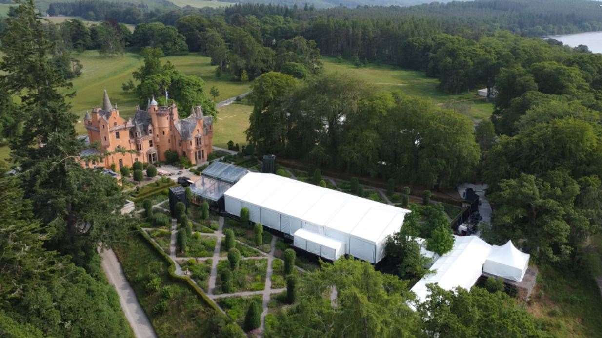 An aerial shot of Aldourie Castle and the marquee reportedly set up for a celebrity party.
