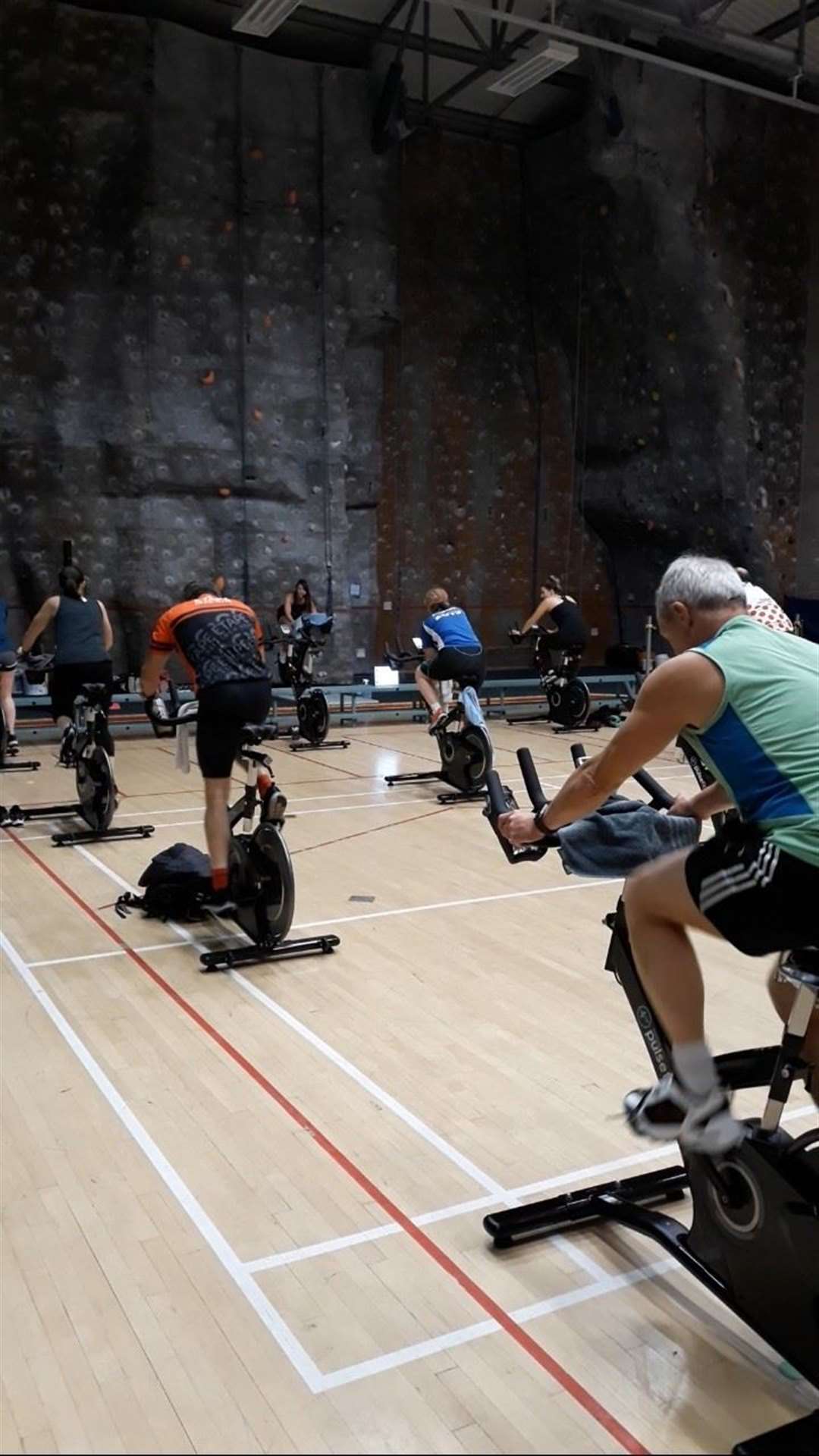 A group cycling class in new socially distanced layout at Inverness Leisure Centre.