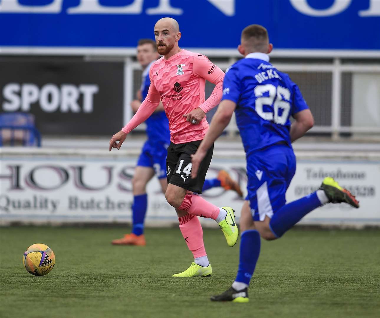 Picture - Colin Johnstone. Queen of the South(1) v Inverness CT(1). 10.04.21. ICT’s James Vincent gets away from Queen of the South's Ciaran Dickson.