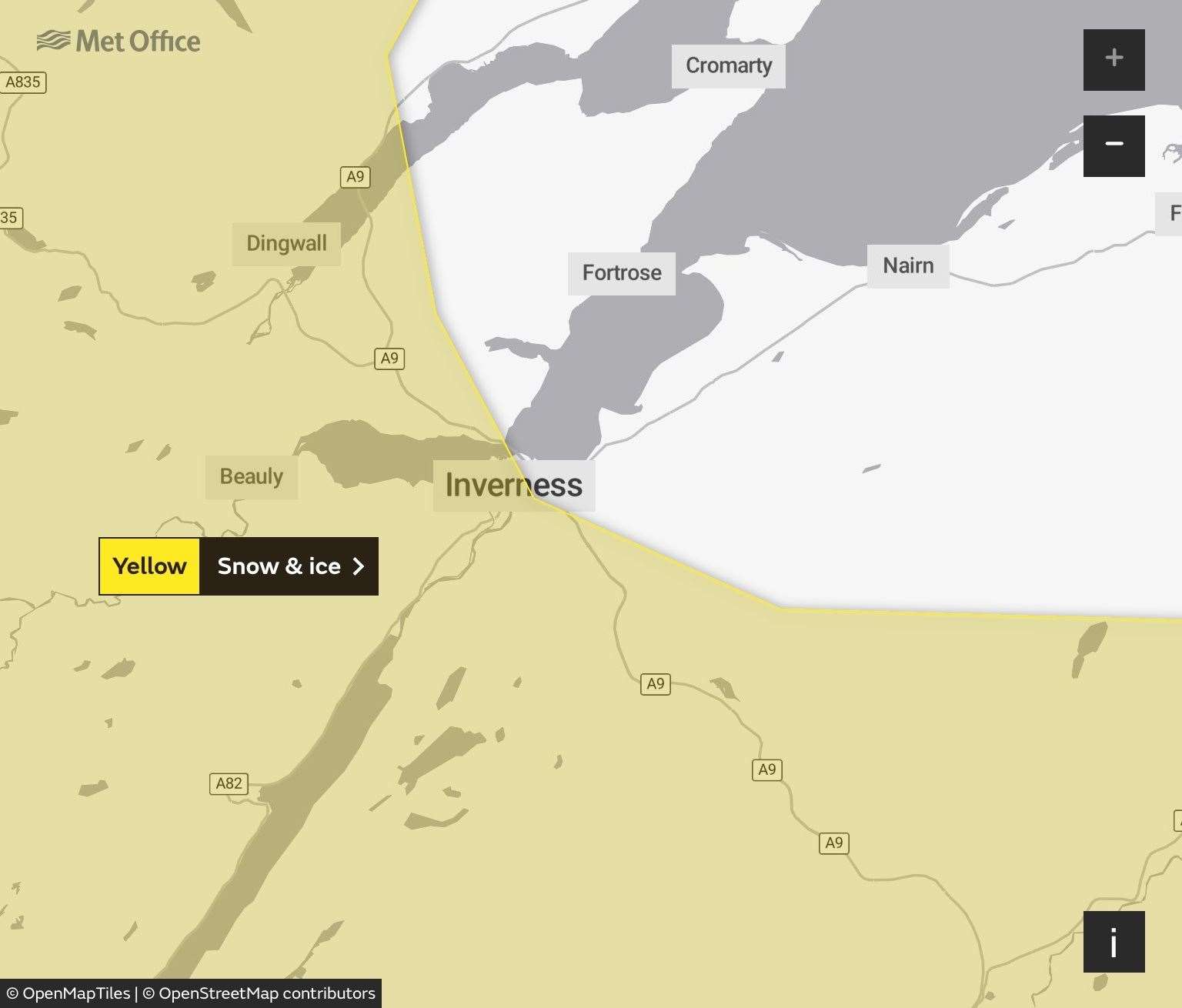Inverness is on the edge of the warning area.