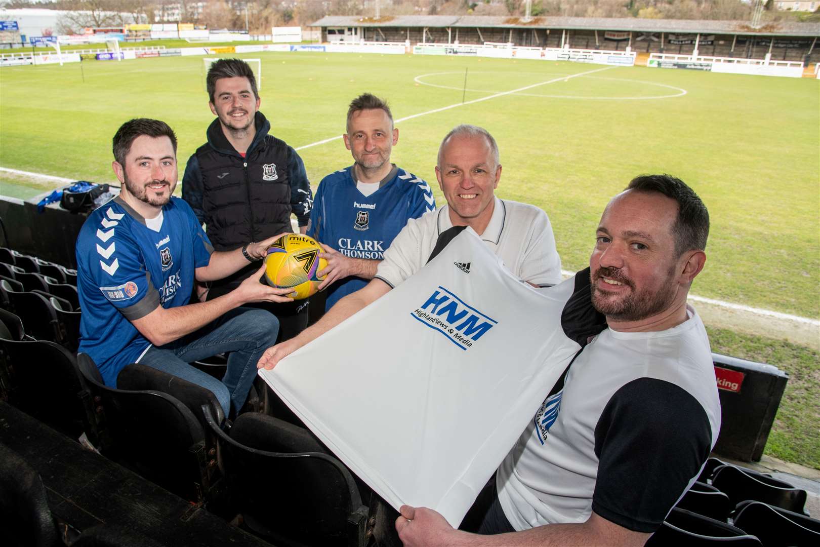 Let the game begin! Harry Bruce (left), from Moray Police, with team-mate Steve Borzoni, Keiran Carty of Elgin City (2nd from left) and Chris Saunderson and Joe Millican (right) of Highland News and Media. Picture: Daniel Forsyth