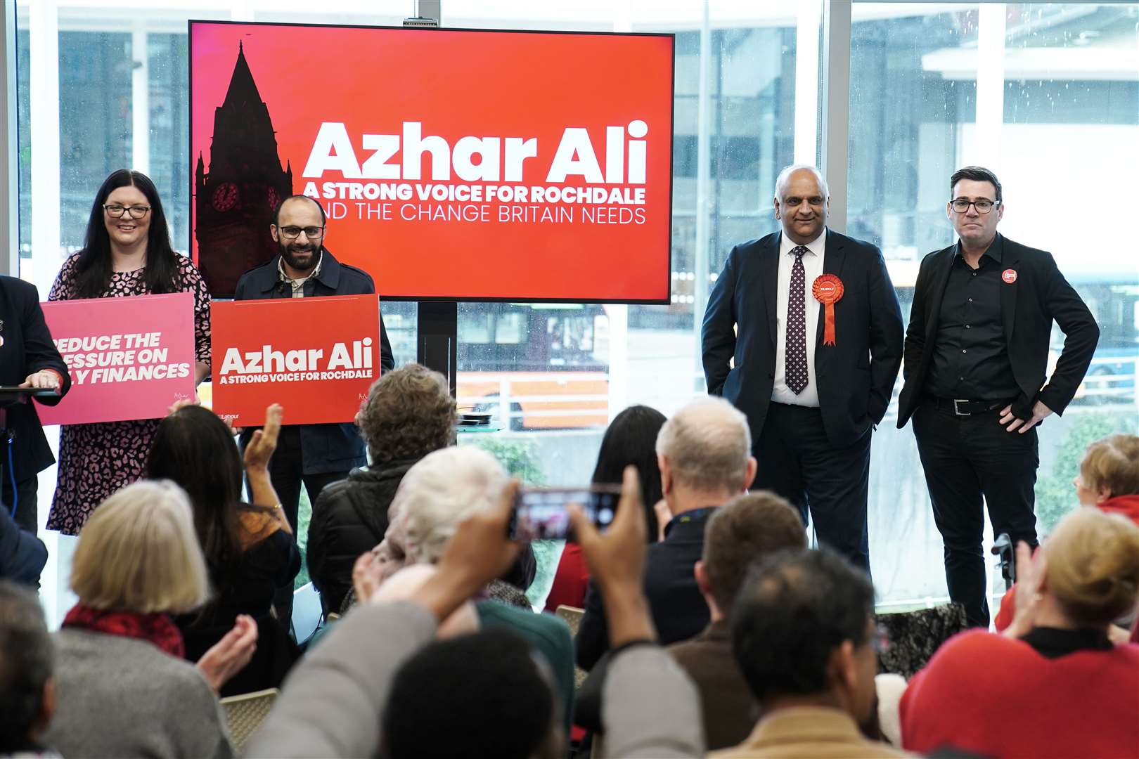 Labour candidate for Rochdale Azhar Ali, second right, with Greater Manchester Mayor Andy Burnham (Peter Byrne/PA)